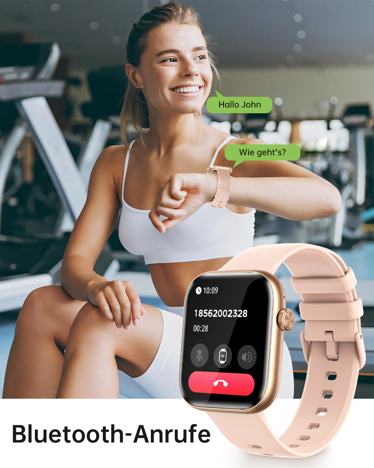 Eine Frau mit Smartwatch lächelt und nimmt einen Anruf an. Textblasen zeigen eine Konversation.