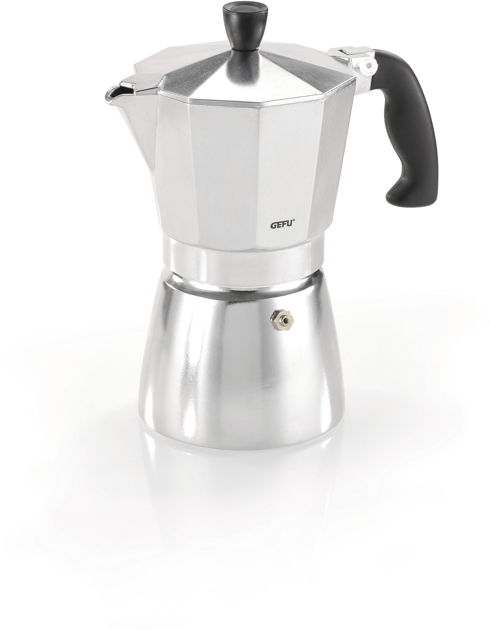 Silberner Espressokocher mit schwarzem Griff und Knauf, auf weißer Oberfläche, darunter Spiegelung.