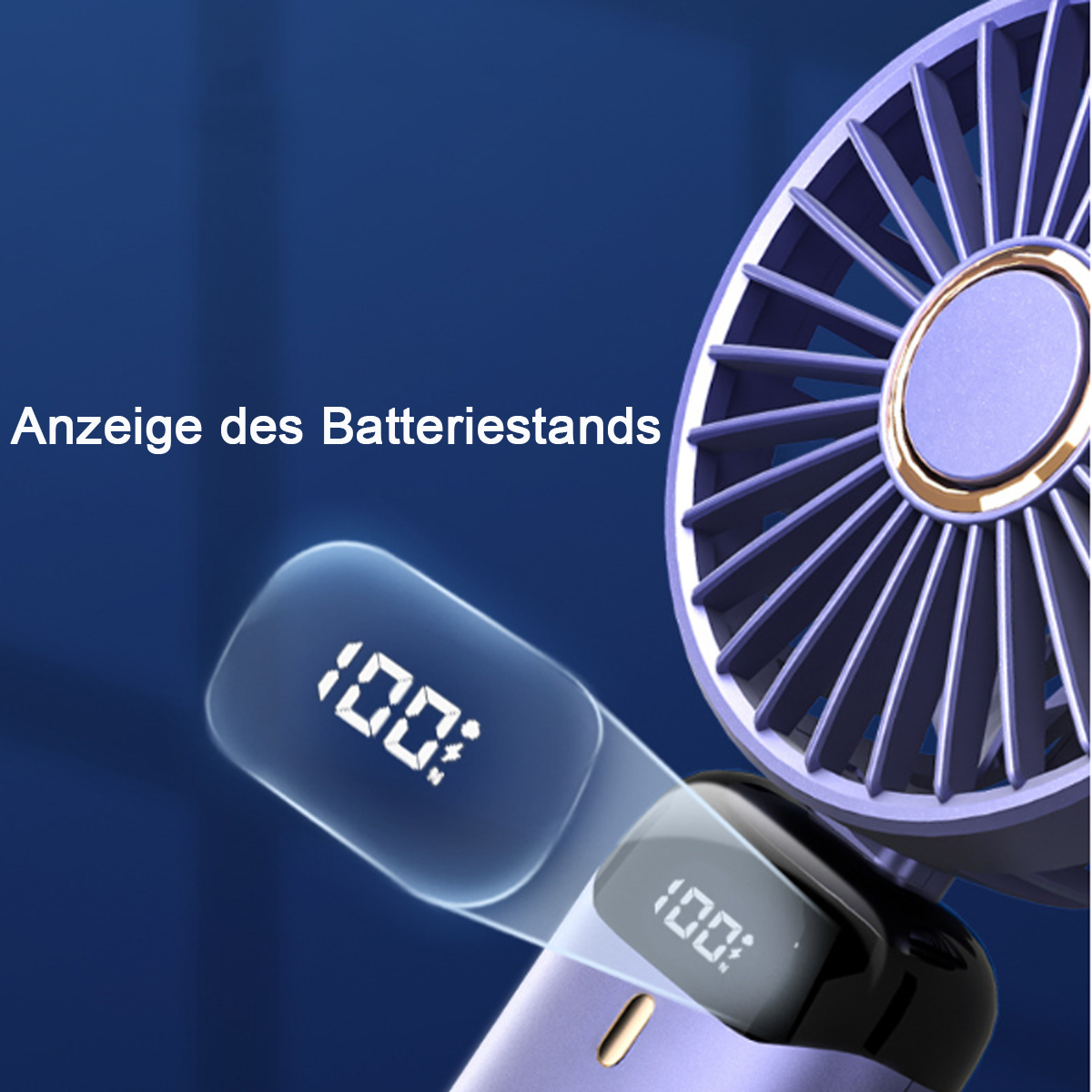 Ein tragbarer Ventilator mit Digitalanzeige, die den Batteriestand von 100 % auf zwei Bildschirmen anzeigt.