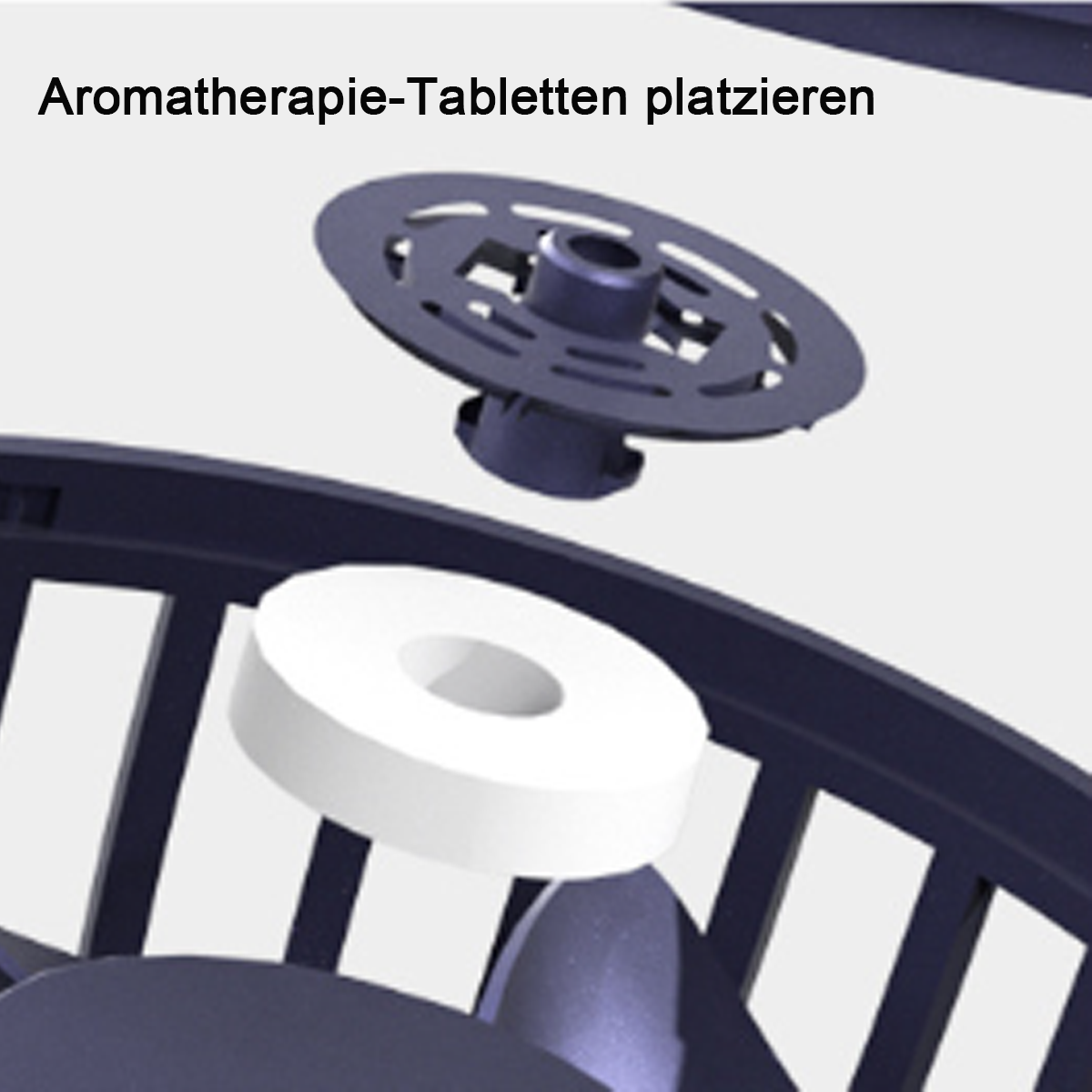 Nahaufnahme einer weißen Lufterfrischertablette und eines schwarzen Spenders.