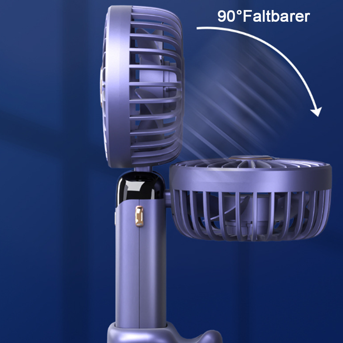 Ein faltbarer Ventilator in Lila und Schwarz, der den Ventilator in einem 90-Grad-Winkel geöffnet zeigt.