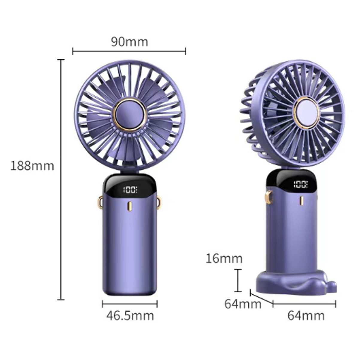 Zwei Handventilatoren. Einer lila, der andere weiß. Abmessungen: 188mm hoch, 90mm breit, 46,5mm tief.