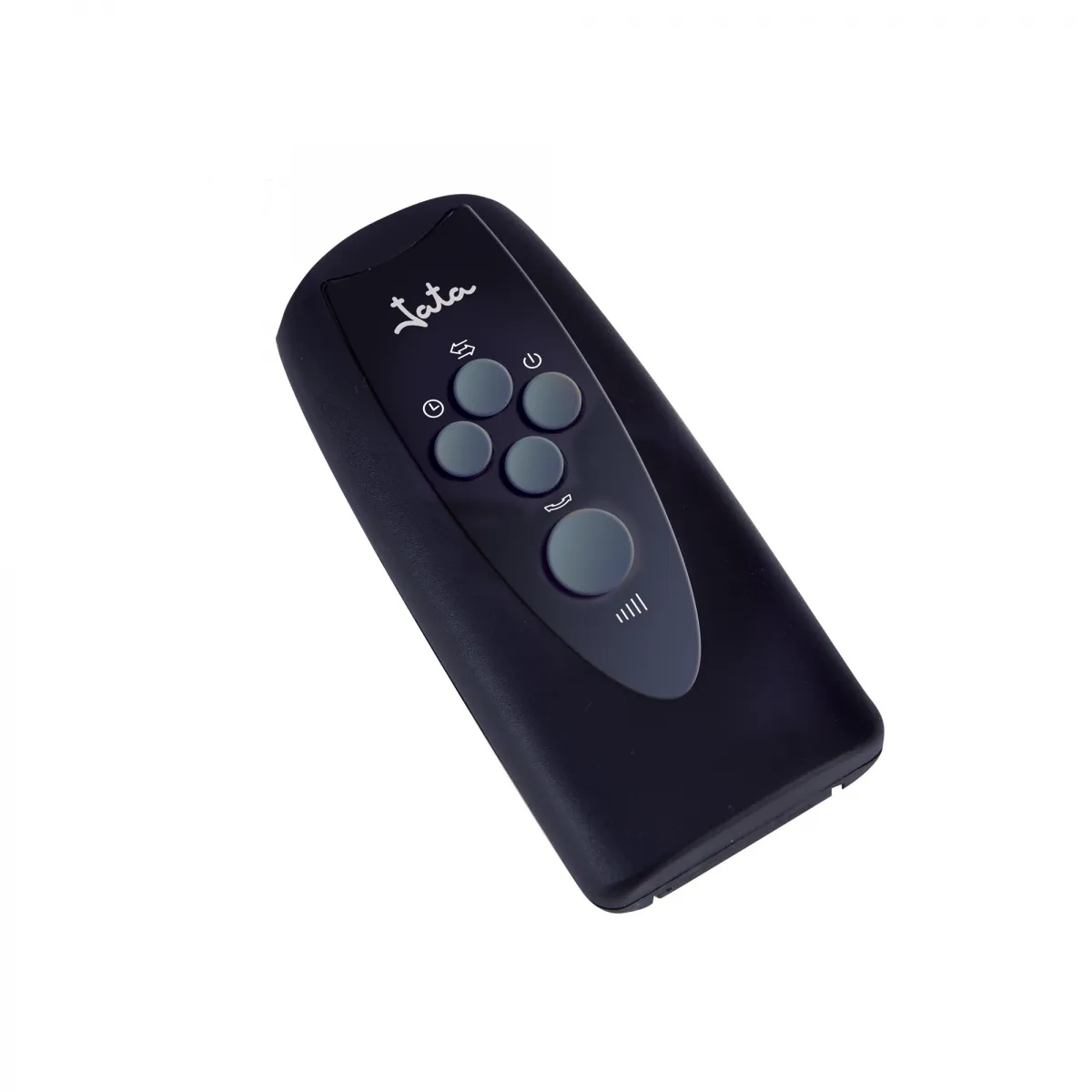 Czarny pilot z szarymi przyciskami, do kominka, na białym tle.