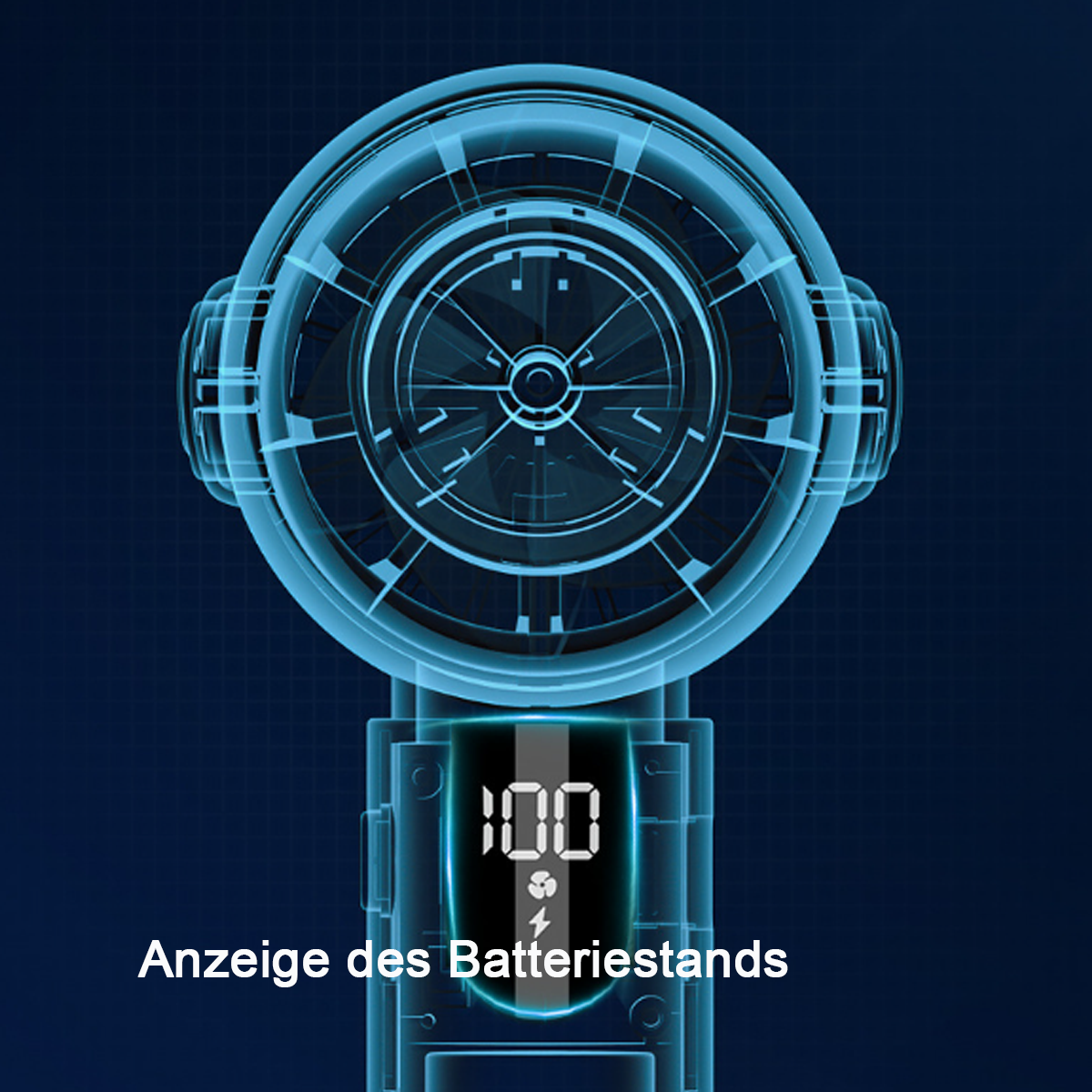 Blau transparenter Ventilator, zeigt den Akkuladestand auf einem Bildschirm. Dunkelblauer Hintergrund.