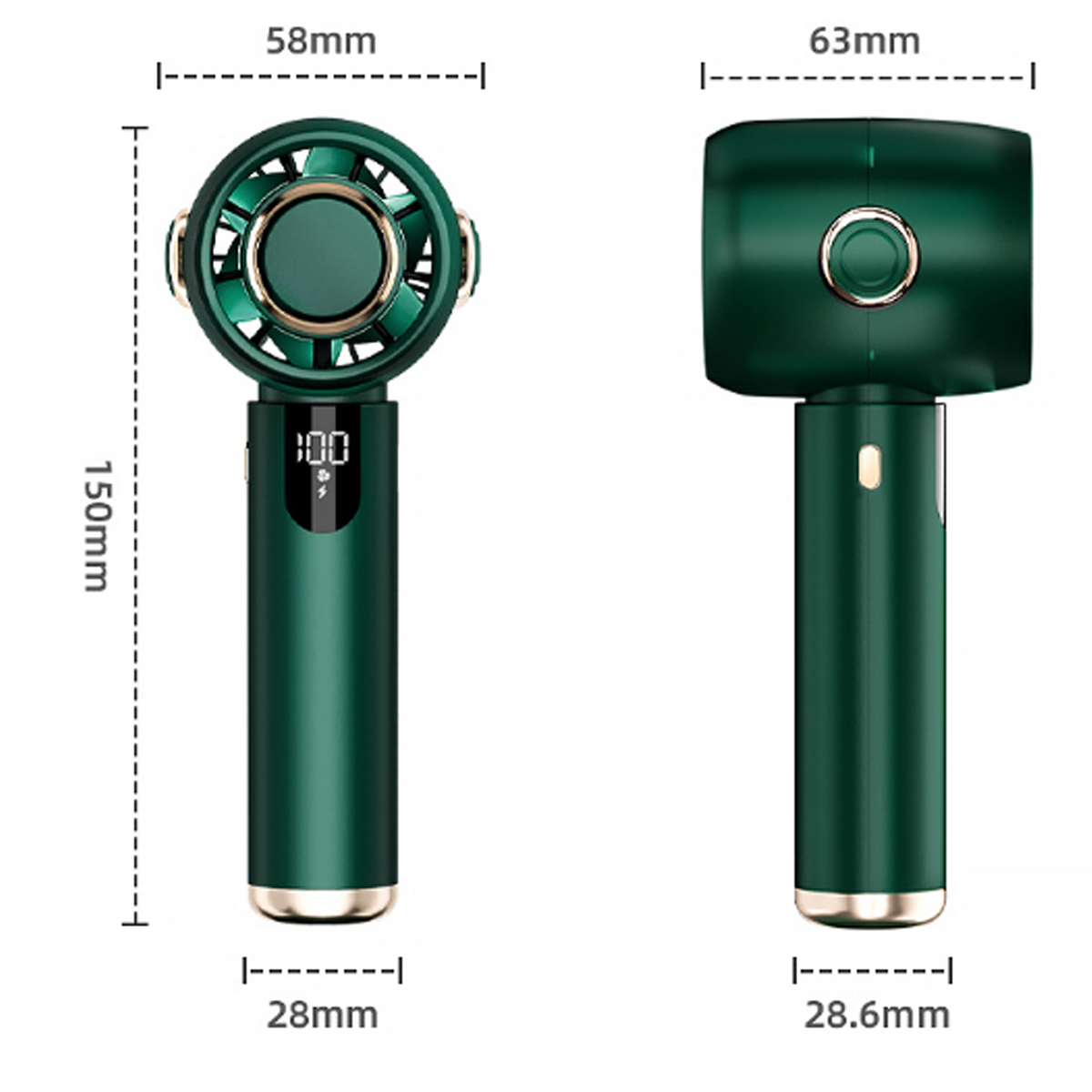 Grüner Handventilator, Vorder- und Seitenansicht mit Maßen. Digitalanzeige sichtbar.