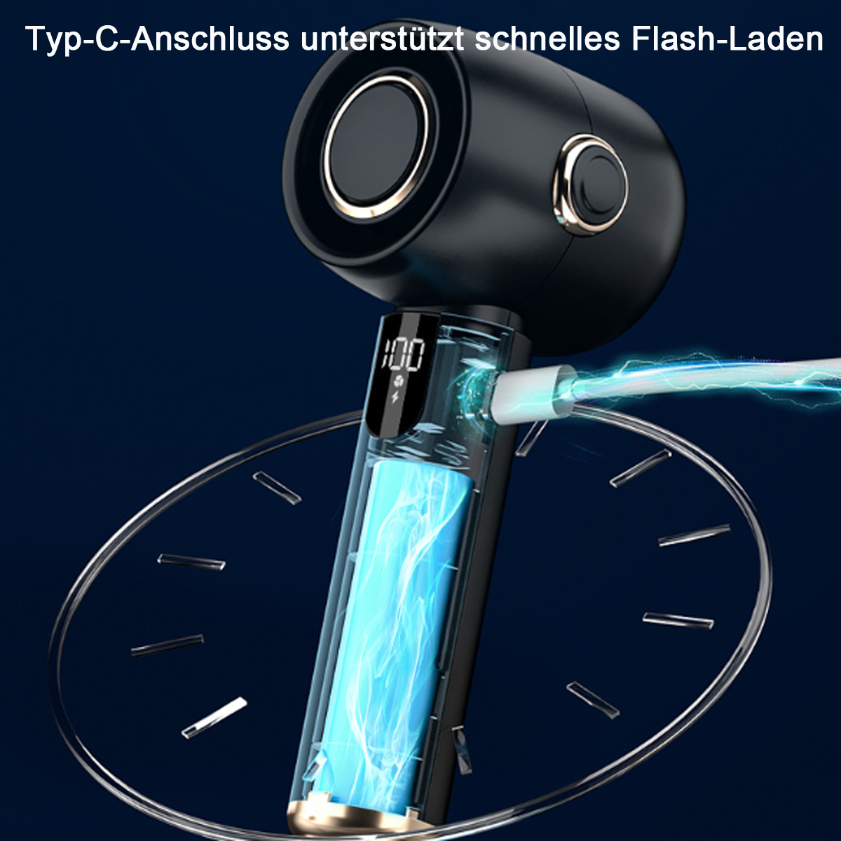 Akku wird geladen, mit blauen Energielinien.