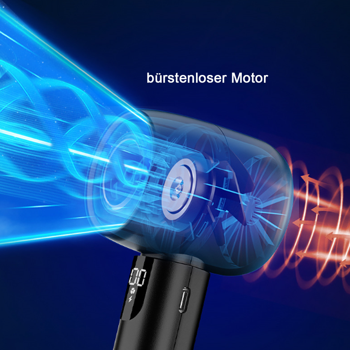 Querschnittsansicht eines schwarzen Haartrockners, der den Innenlüfter und den Luftstrom zeigt.