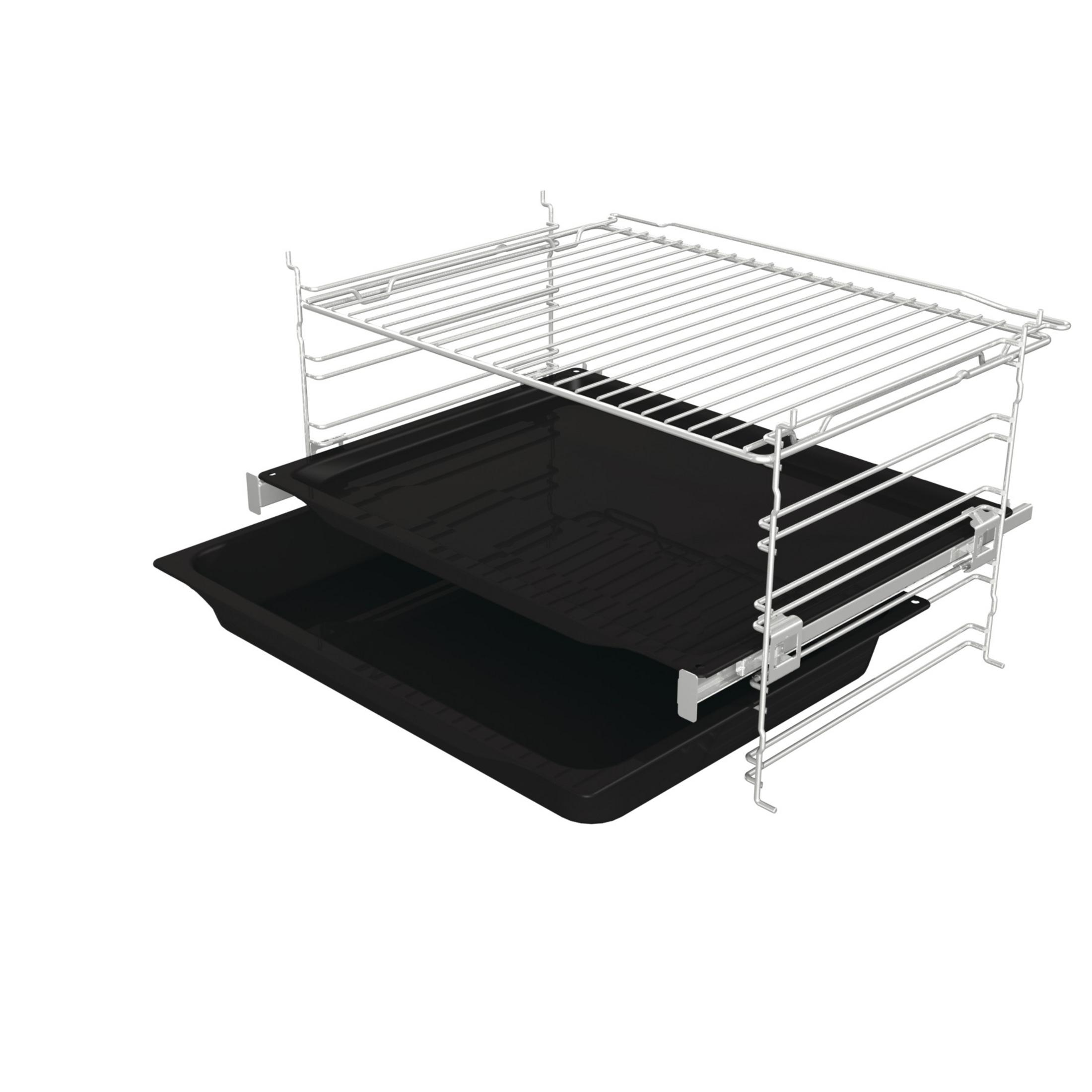 Metall-Ofenroste und schwarze Tabletts. Die Roste sind weiß und die Tabletts schwarz.