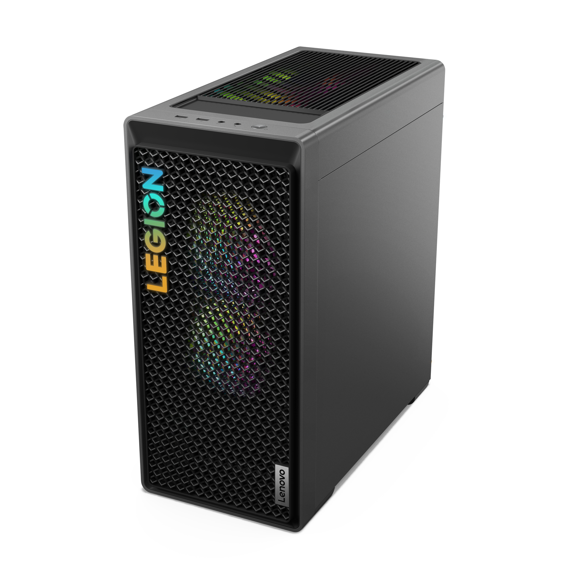 PC de sobremesa Lenovo Legion negro. Cuenta con un panel frontal de malla con un logotipo Legion colorido.