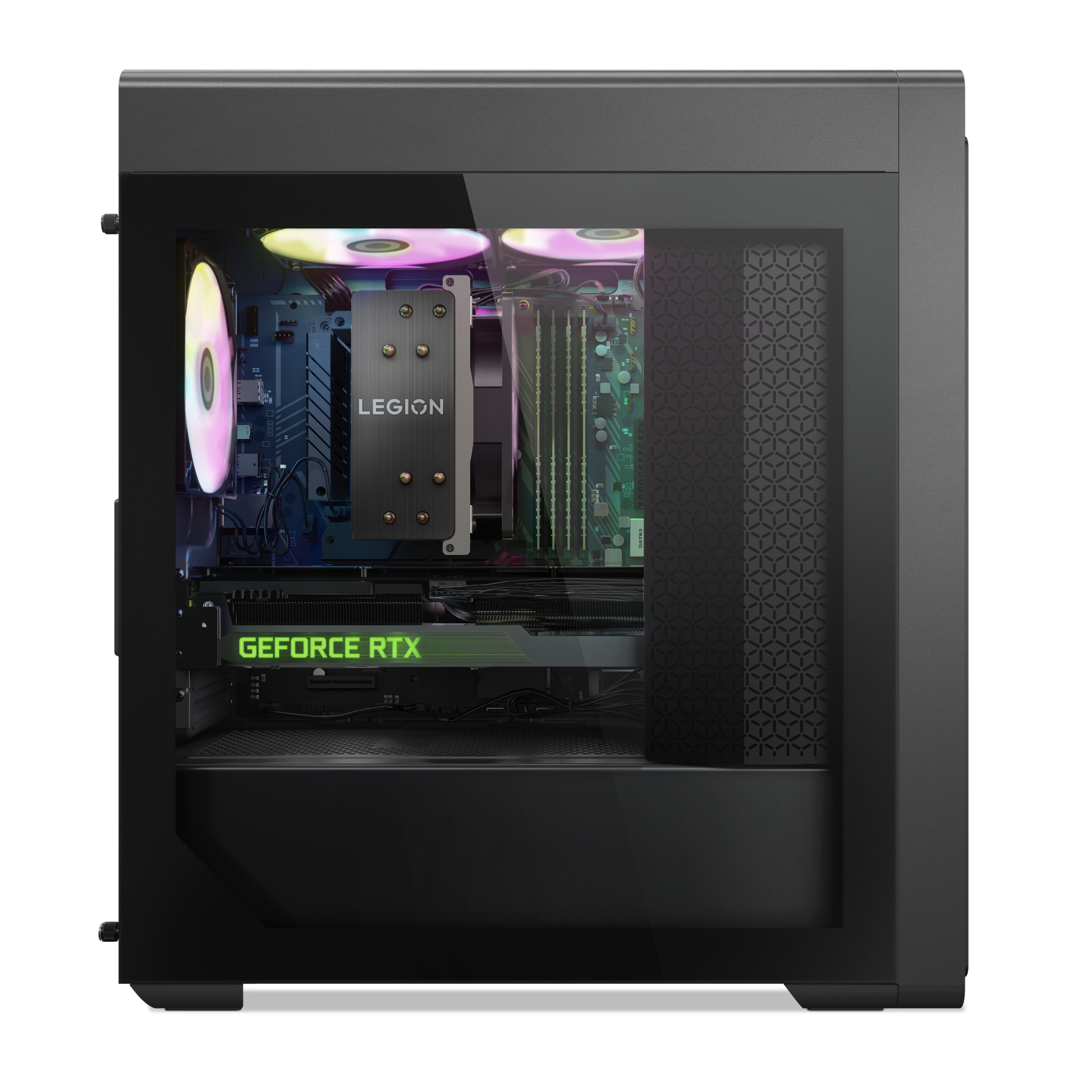 Una caja de computadora con un lado de vidrio, mostrando componentes internos, con texto LEGION y RTX.