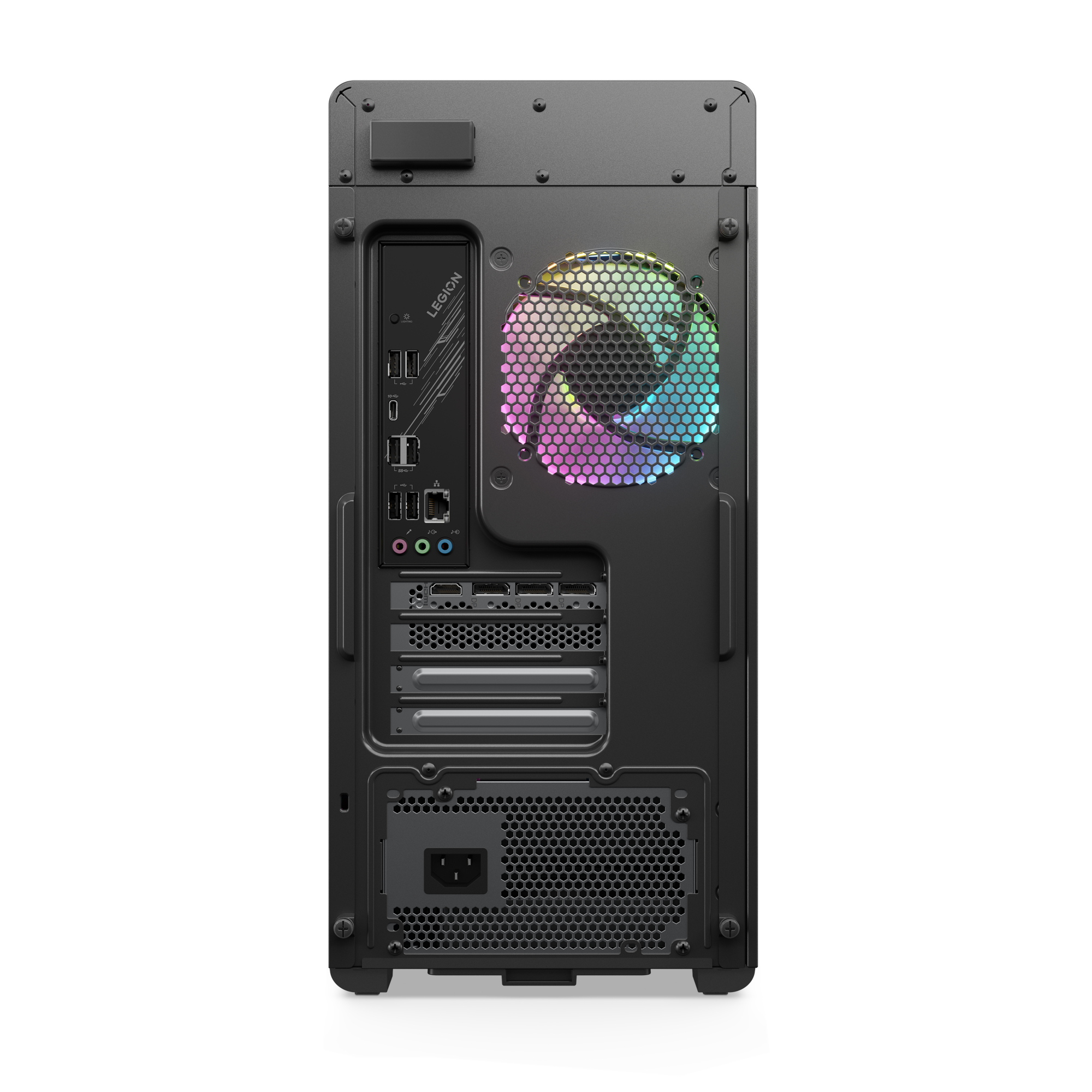 Parte trasera de una computadora de escritorio negra. Tiene un ventilador con luces coloridas y varios puertos.