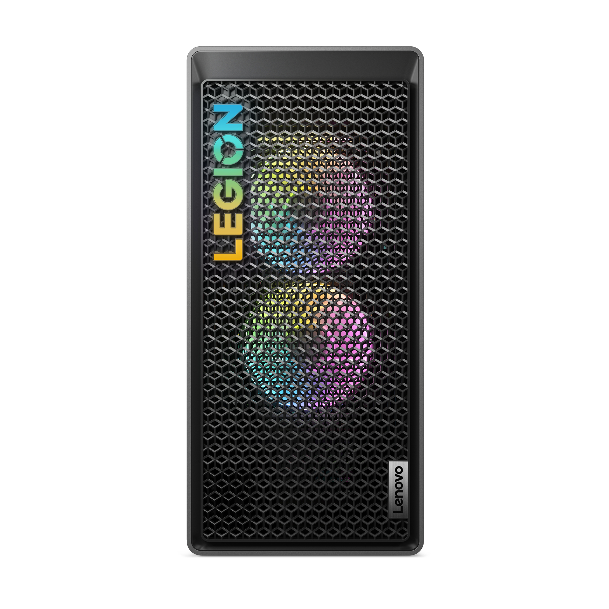 Torre de computadora negra con logo Legion y luces coloridas.