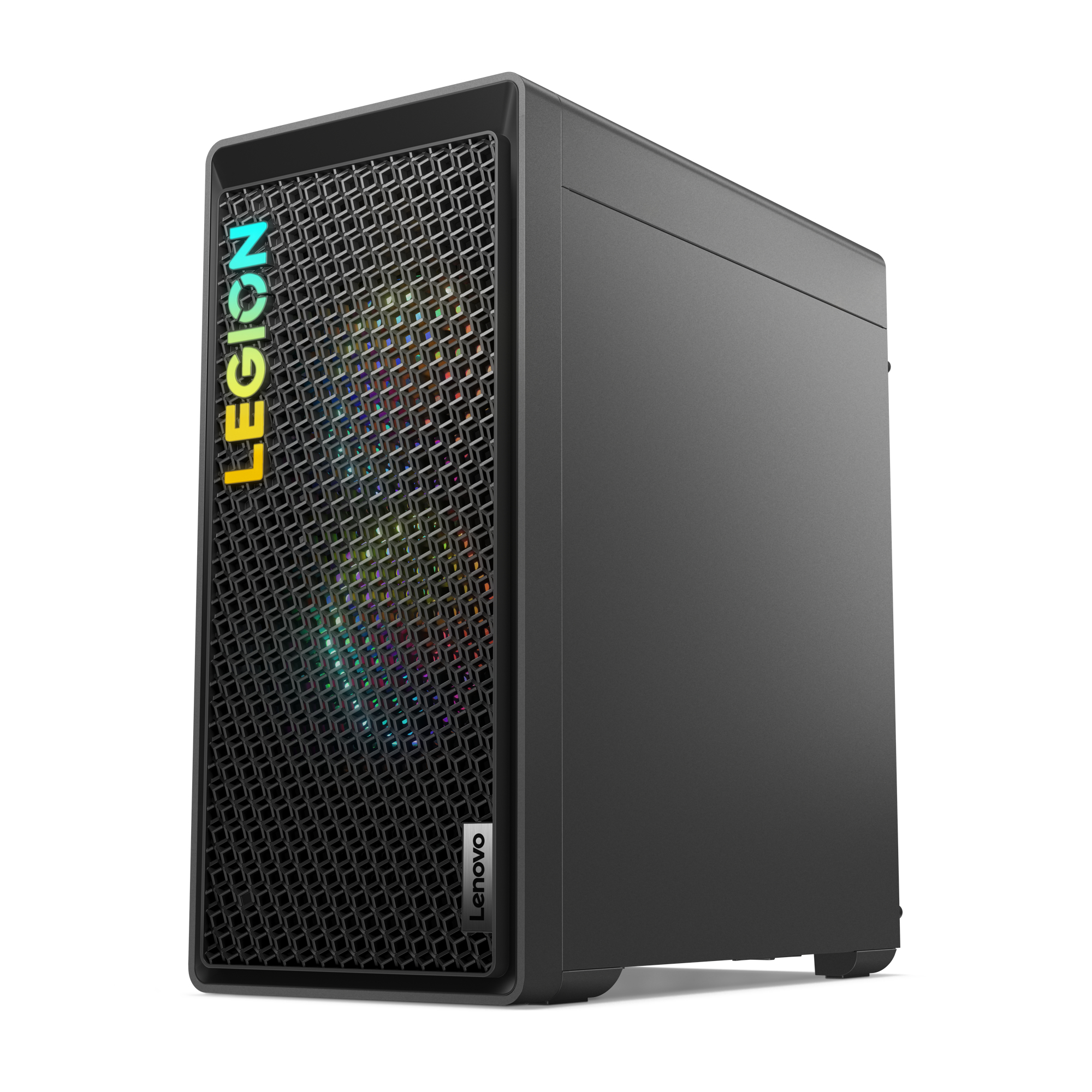Una computadora de escritorio negra con el logotipo 'LEGION' iluminado y un logotipo de Lenovo. Muestra un diseño estilizado.