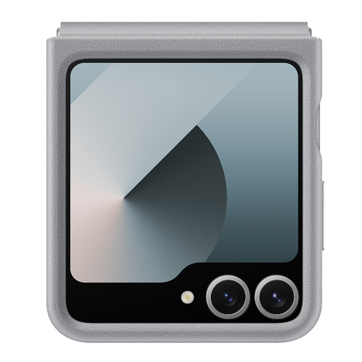Funda de teléfono gris, cerrada. Pantalla del teléfono mostrando una imagen. Dos lentes de cámara.