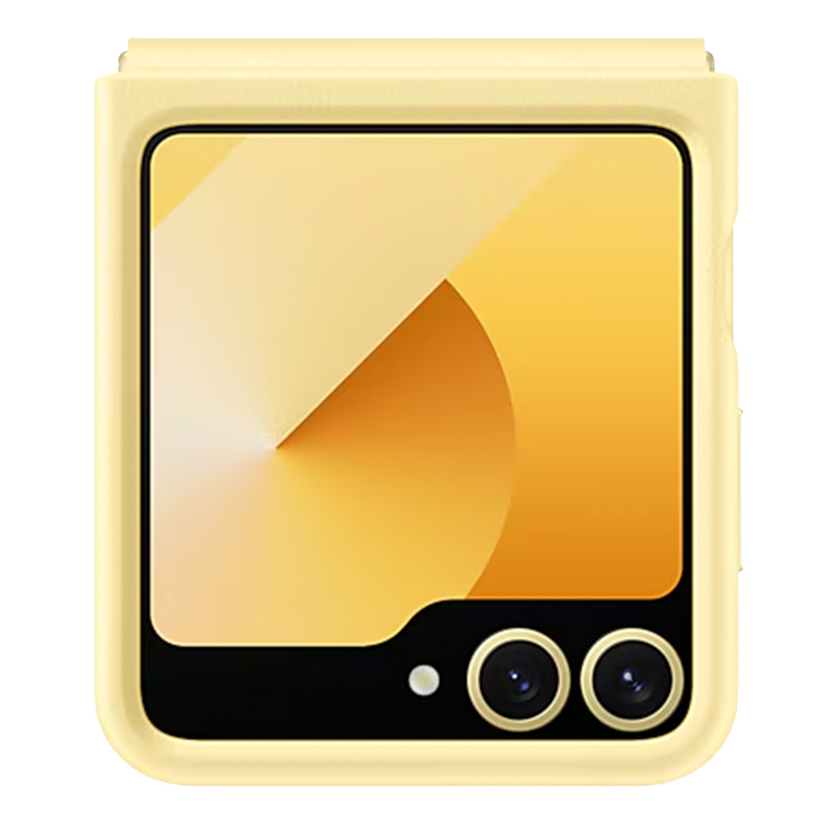Teléfono plegable amarillo con degradado en pantalla. Dos lentes de cámara.