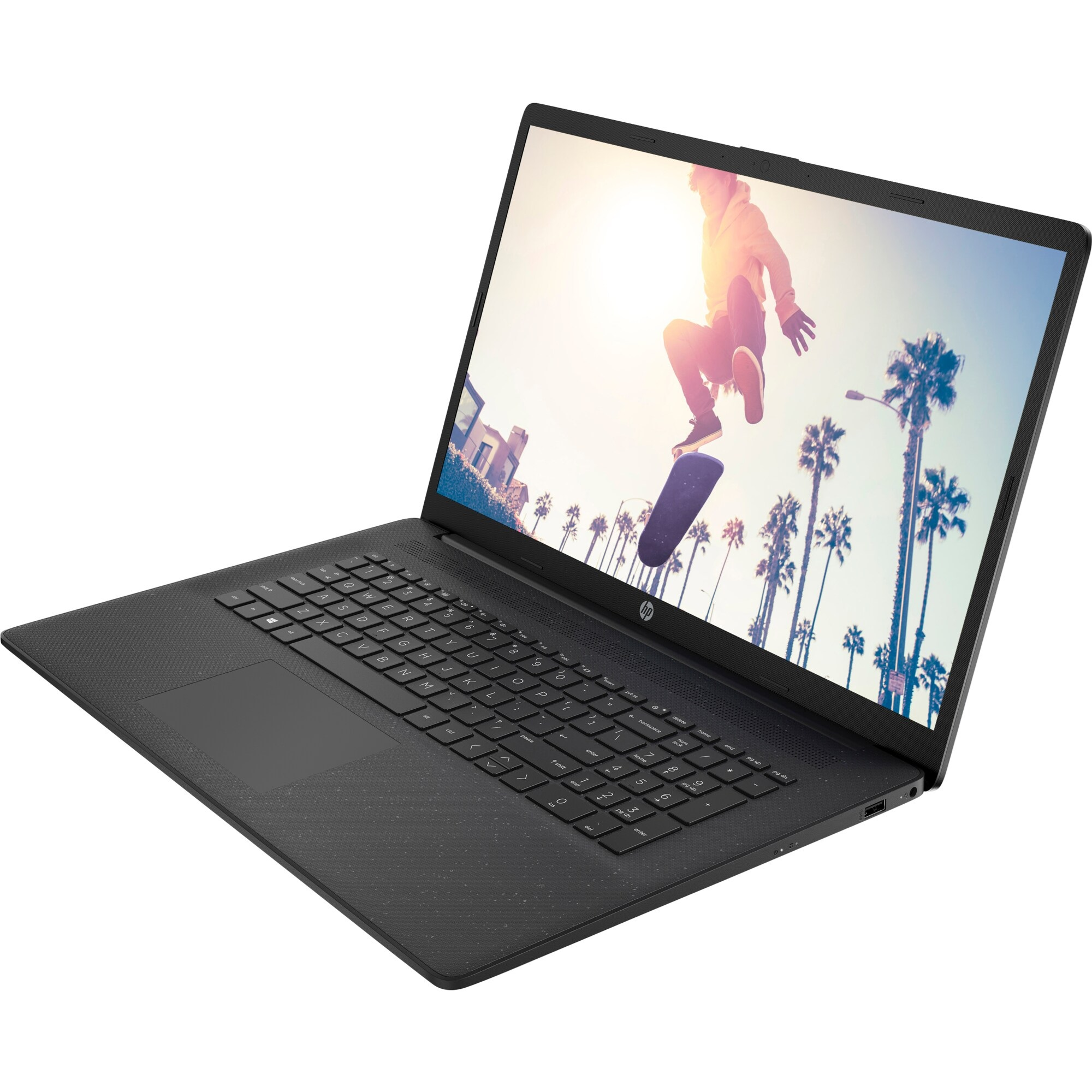 Schwarzer Laptop mit einem Bild einer Person, die mit Palmen im Hintergrund skateboardet.