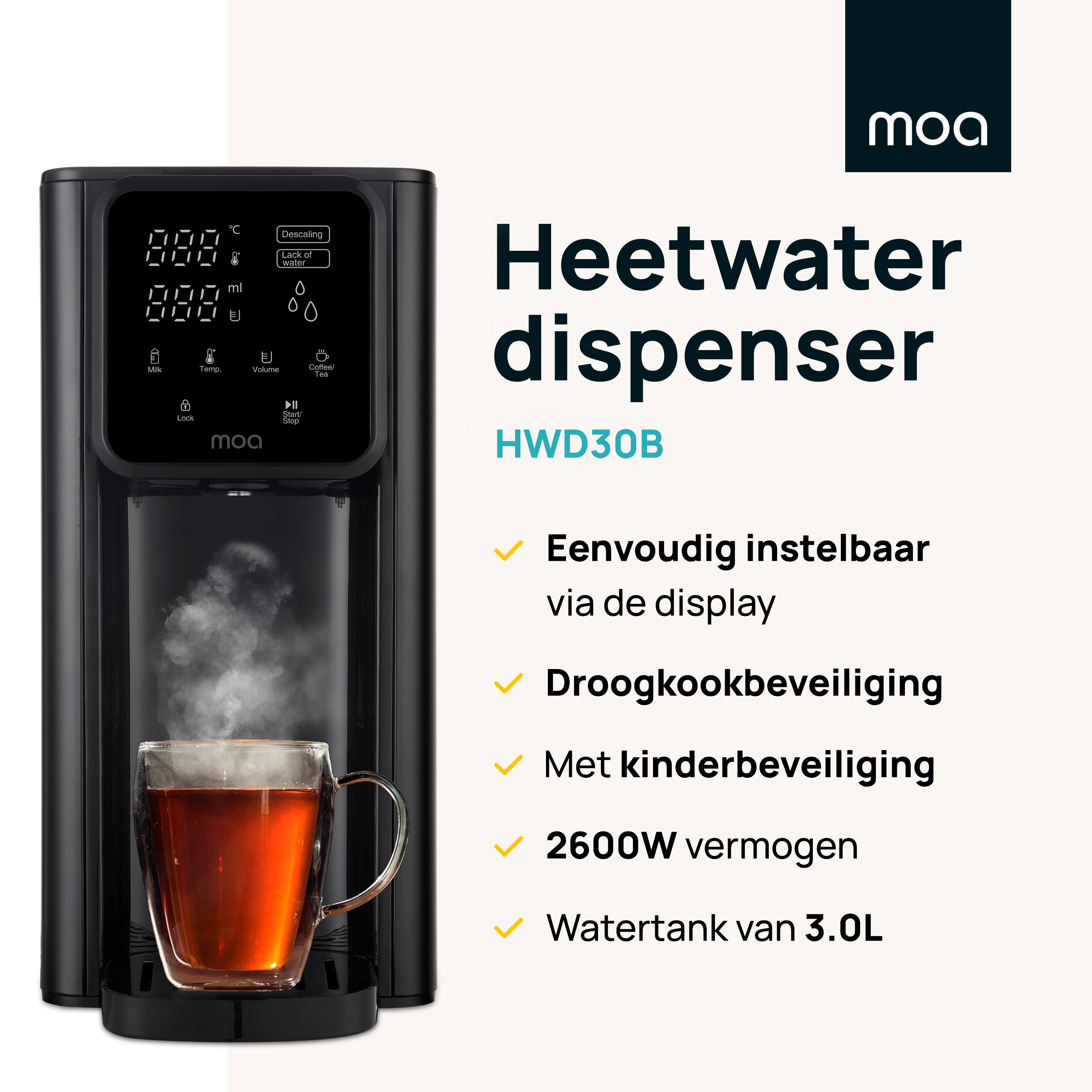 Zwarte waterdispenser met een digitaal display, een glas thee en tekstlabels.