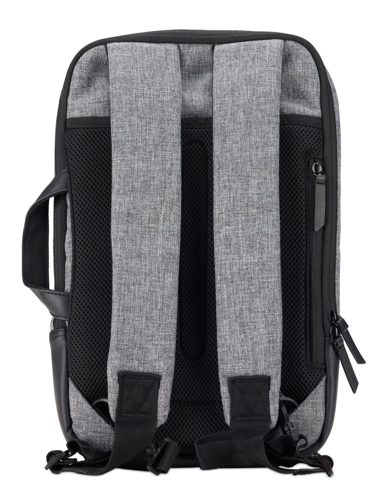 La parte trasera de una mochila gris con dos correas para los hombros y un asa.