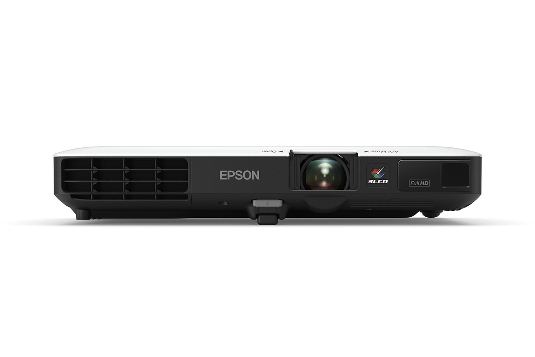 Projektor Epson na białym tle. Przód pokazuje obiektyw i logo Epson.