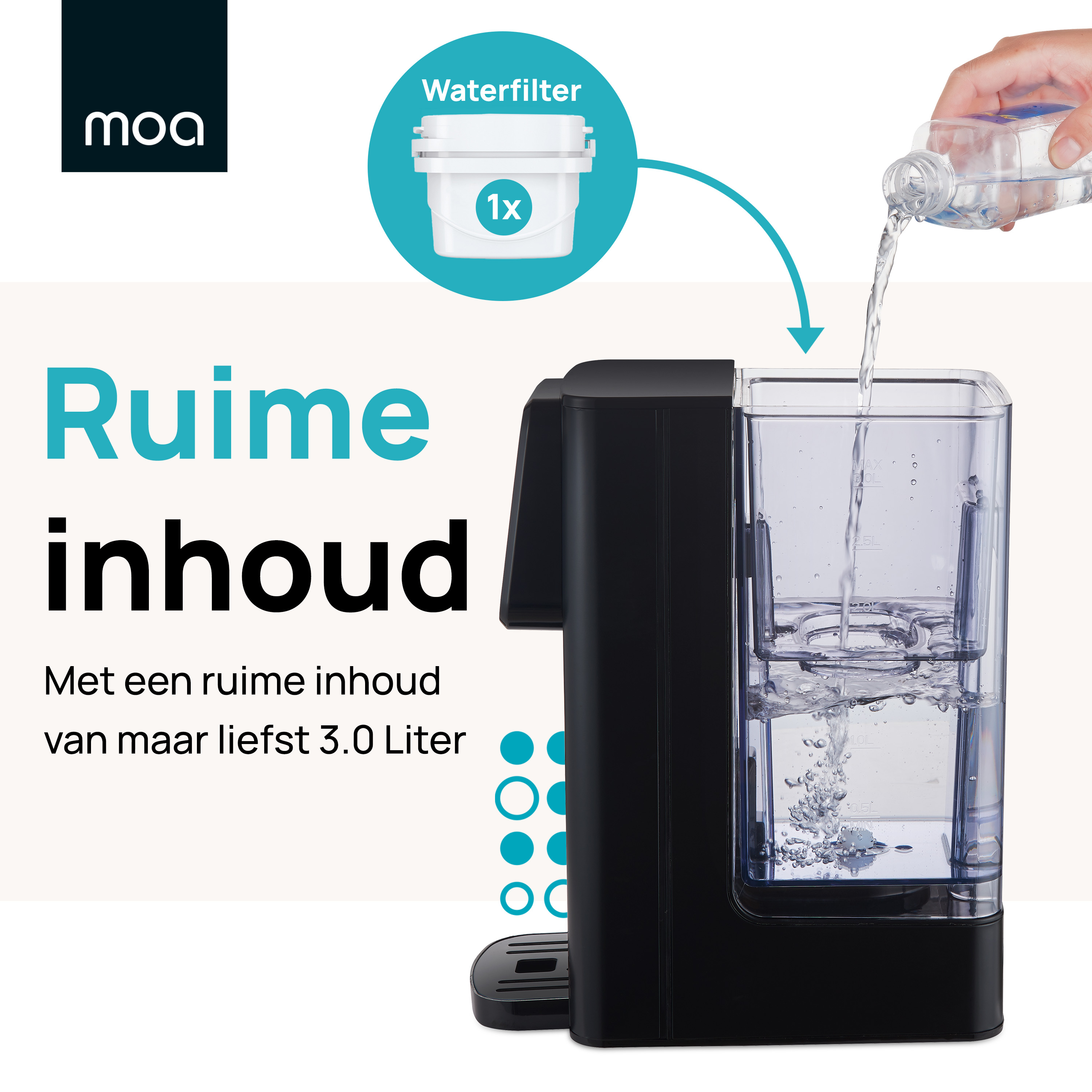 Zwart waterfilter en water dat in een zwarte waterdispenser wordt gegoten.