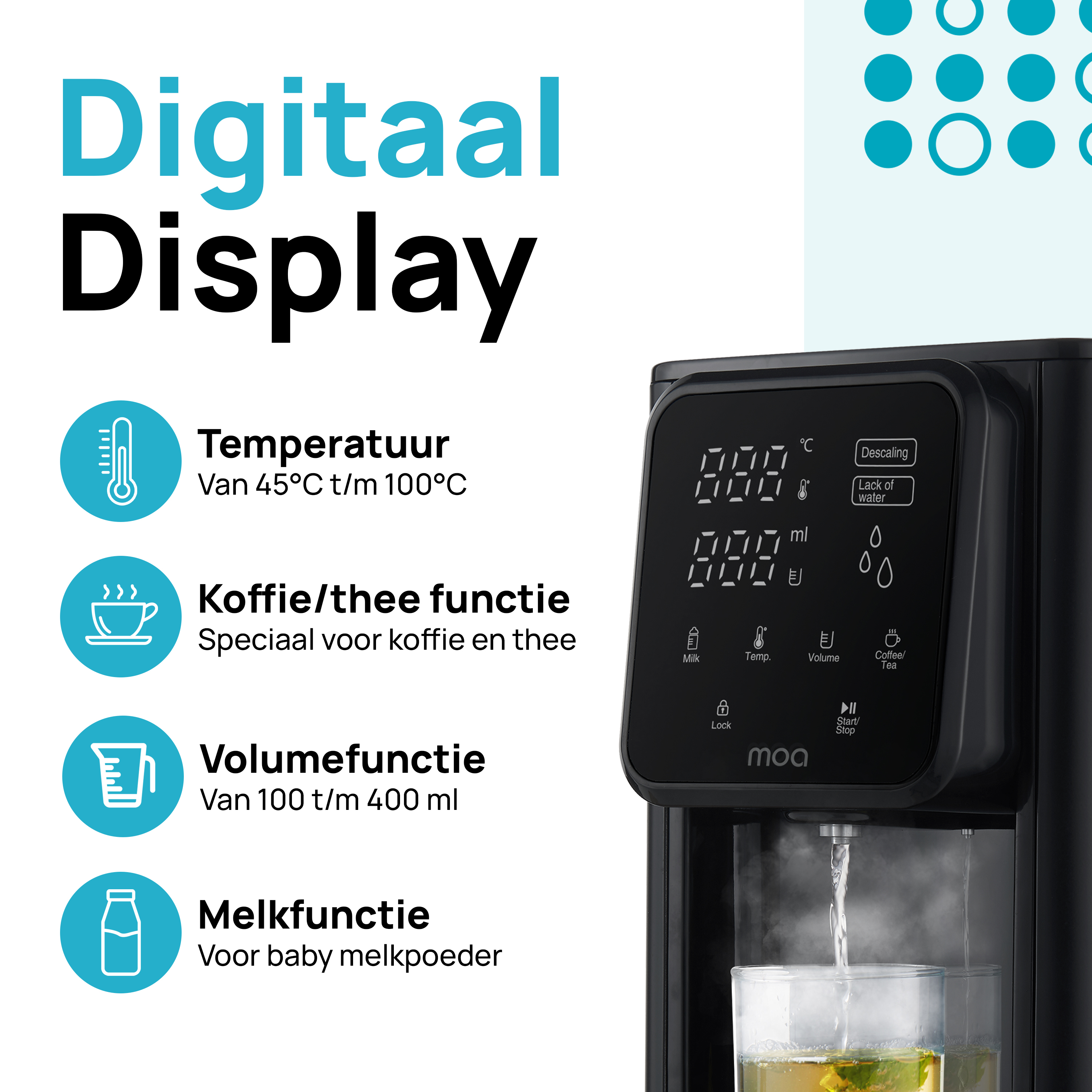Een zwart digitaal display met verschillende iconen en metingen. Het toont temperatuur en volume.