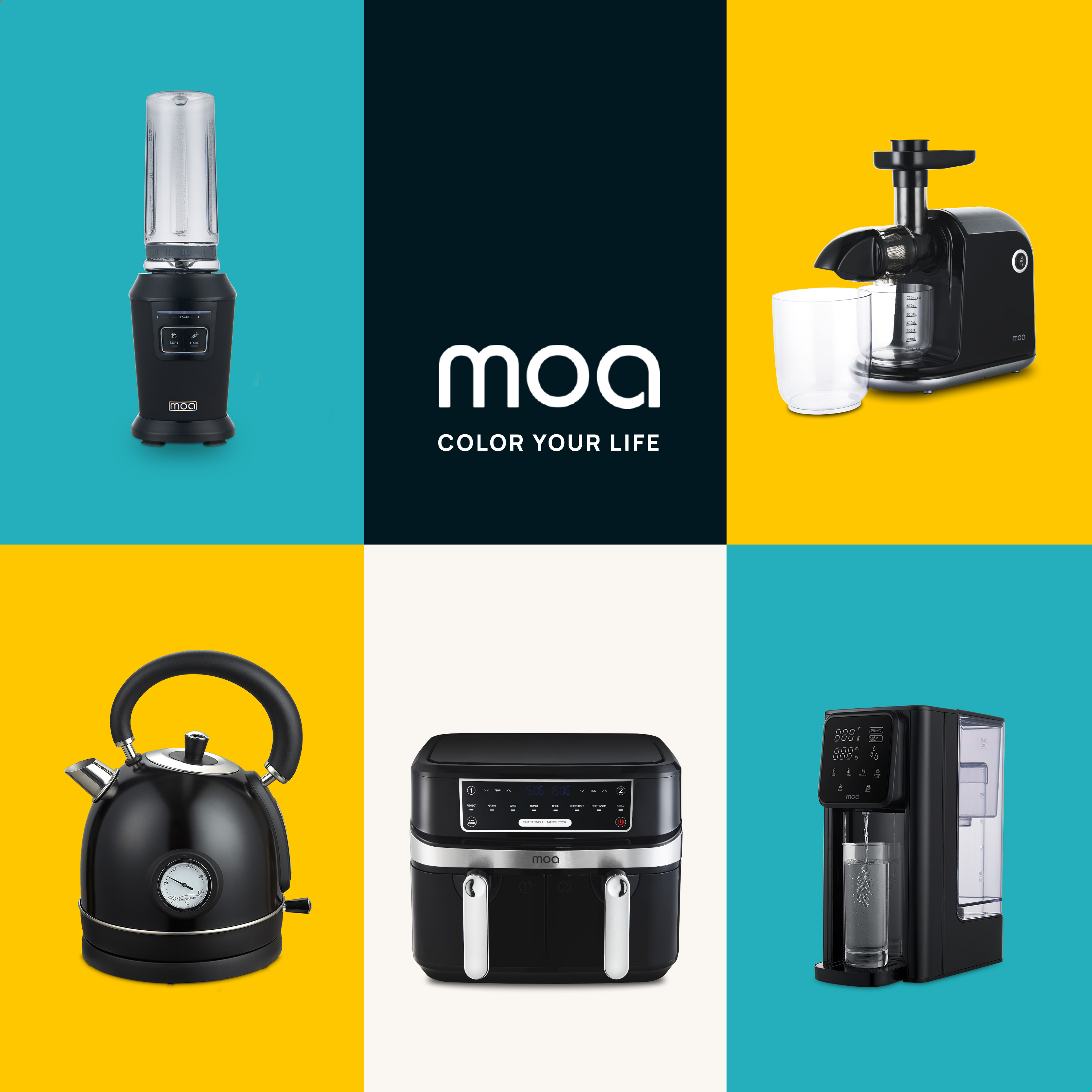Collage van keukenapparaten: blender, sapcentrifuge, waterkoker, airfryer en waterdispenser.
