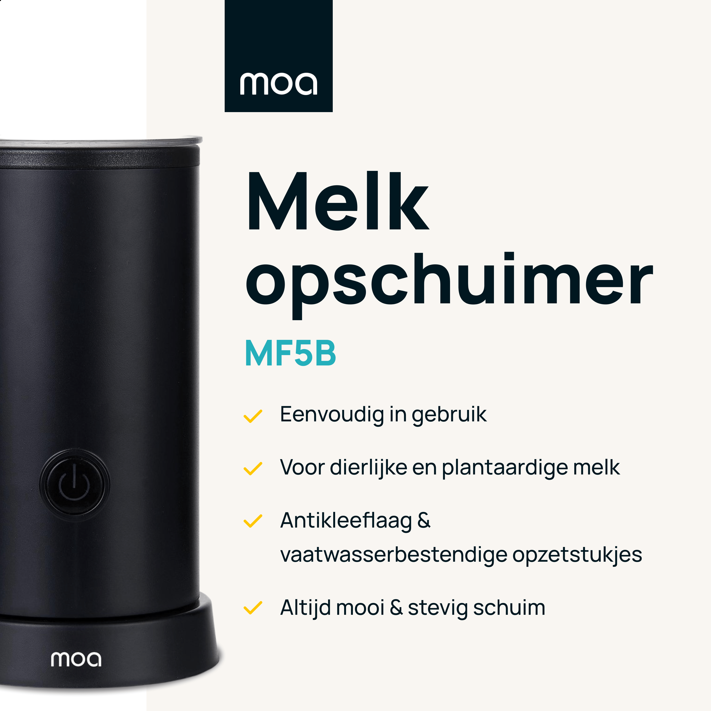 Een zwarte melkopschuimer met een aan/uit-knop, met tekst die functies opsomt op een witte achtergrond.