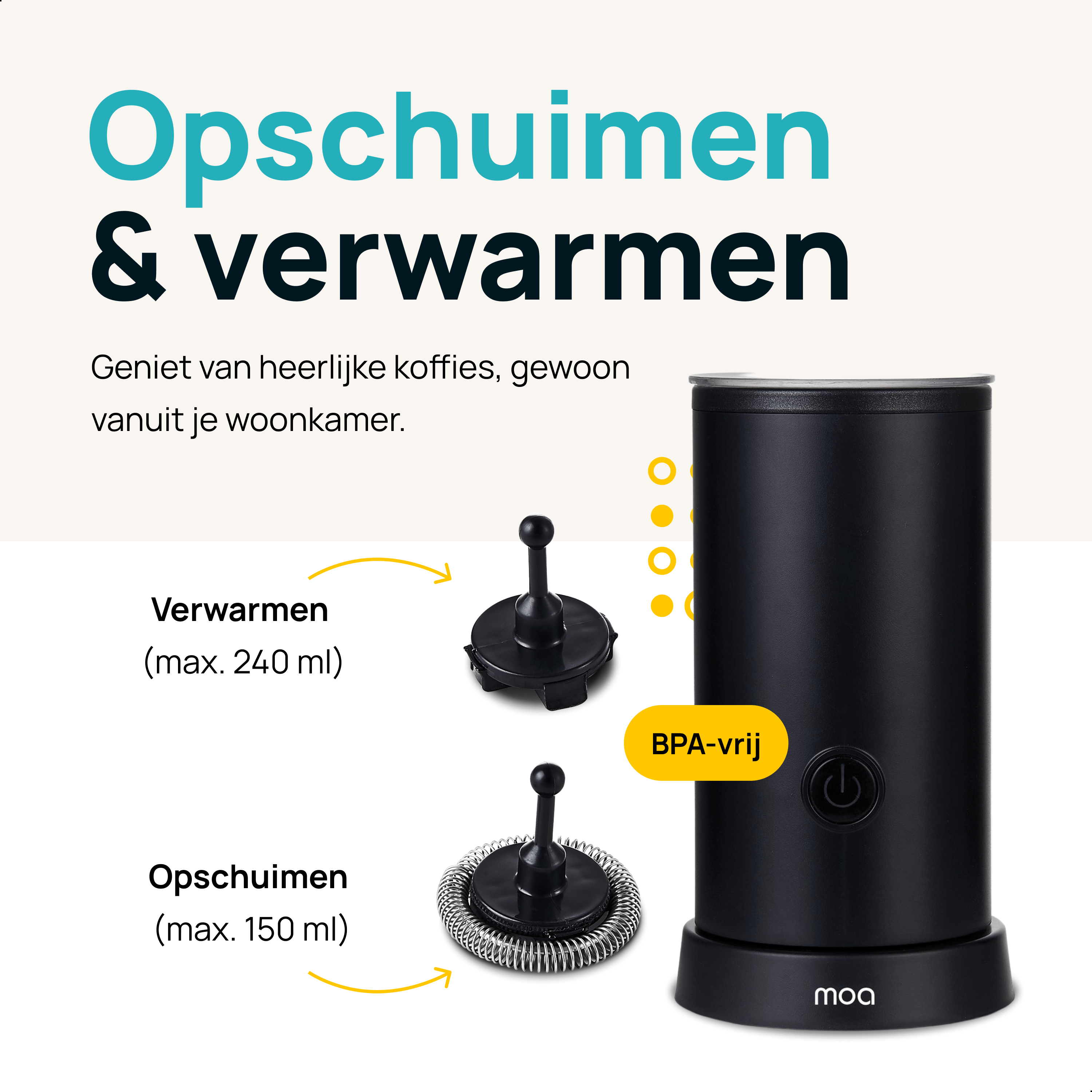 Zwarte melkopschuimer met onderdelen en tekst over opschuimen en verwarmen.