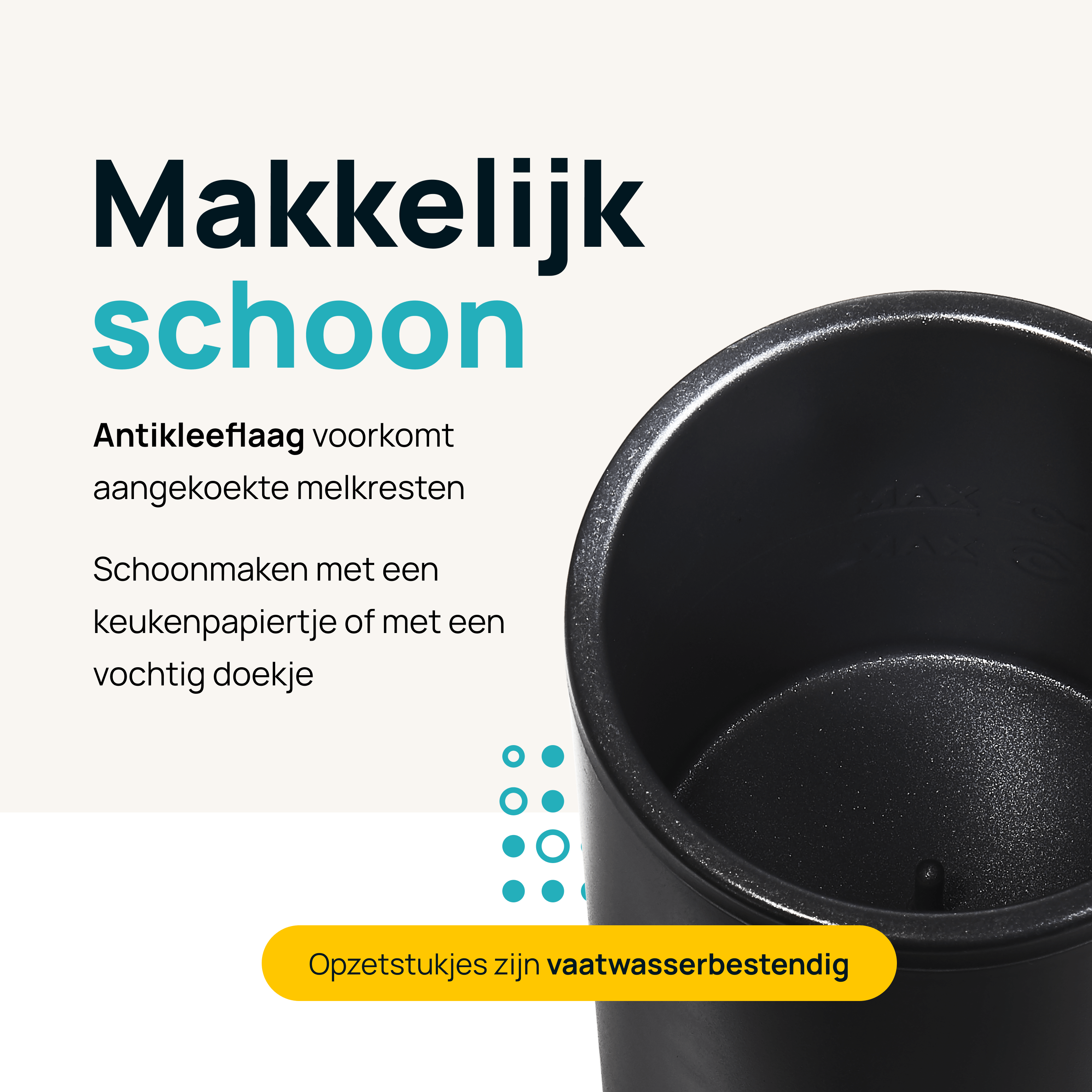 Close-up van een zwarte pan met antiaanbaklaag met tekst over gemakkelijk schoonmaken.
