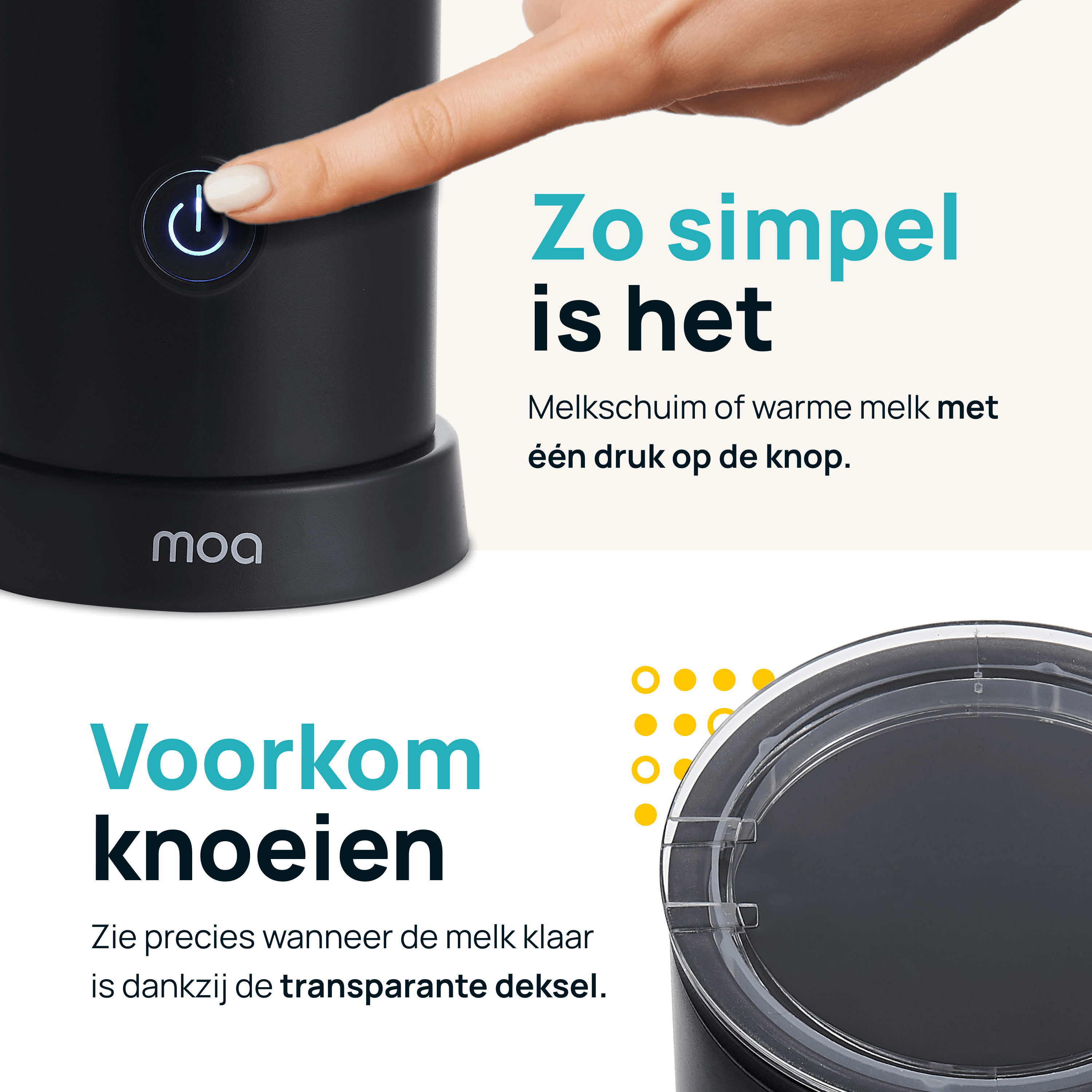 Close-up van een zwarte MOA melkopschuimer met een vinger die op de aan/uit-knop drukt, en een doorzichtige deksel.
