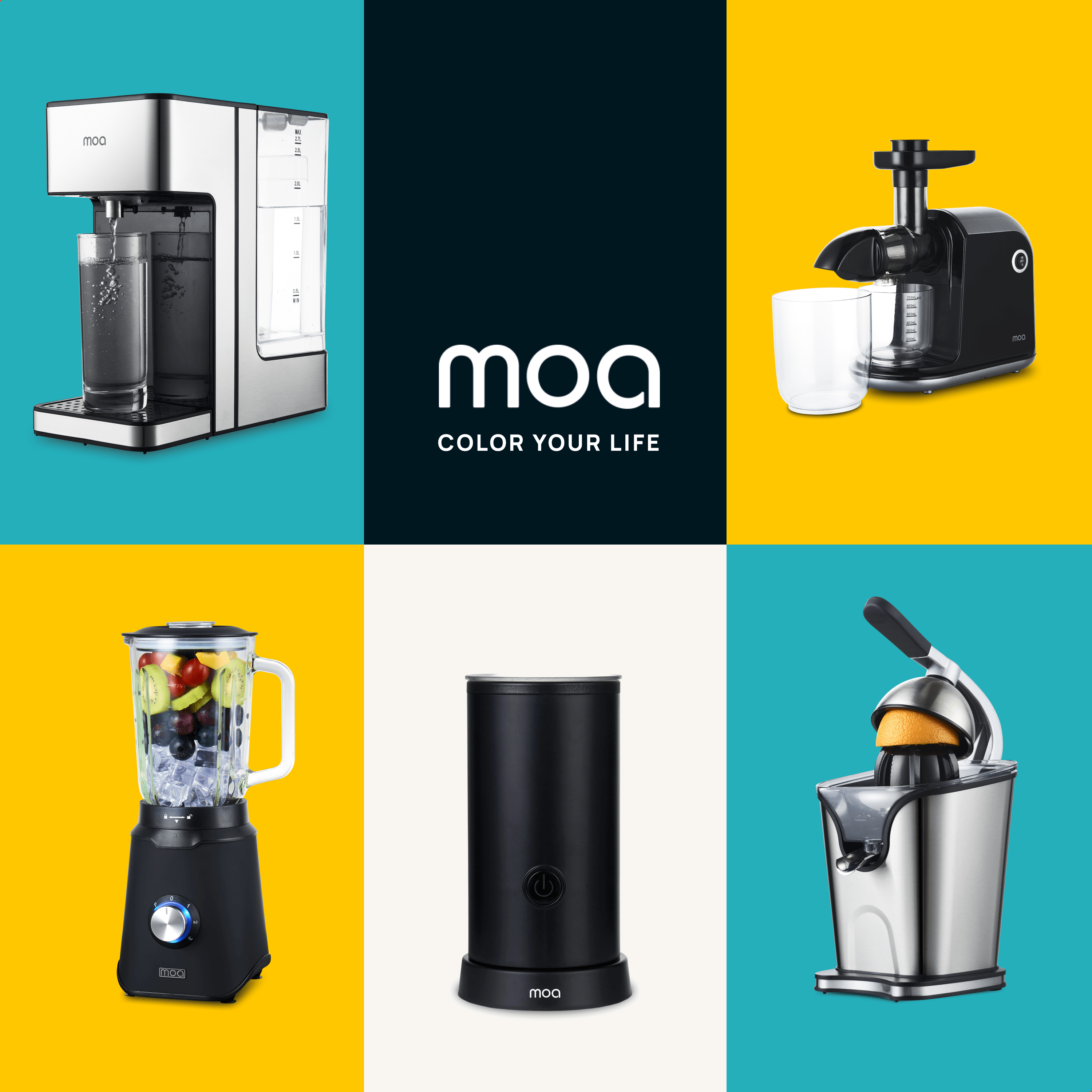 Een collage van MOA keukenapparaten op gekleurde achtergronden. Blender, juicer en meer.