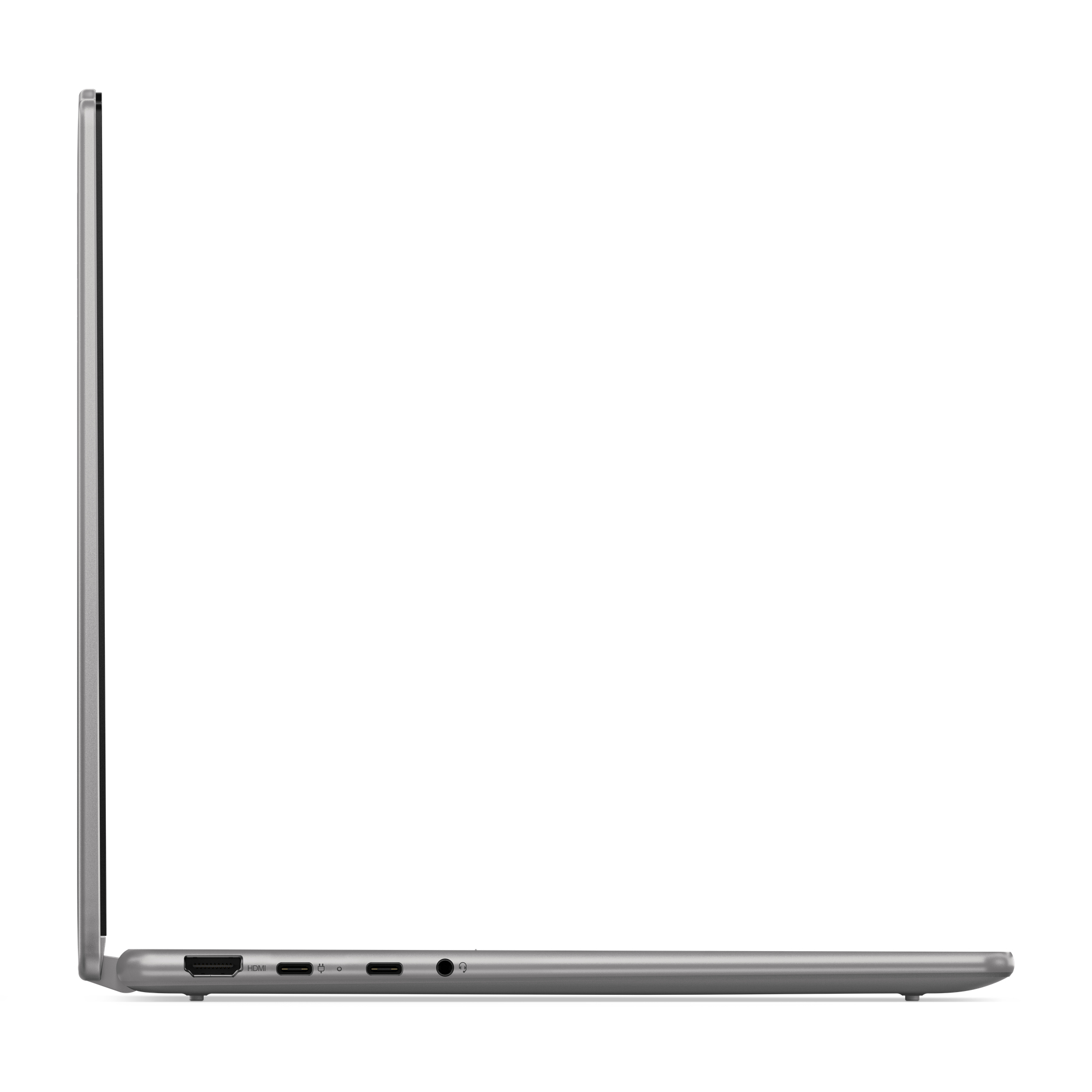 La vista lateral de una laptop plateada, sobre un fondo blanco.