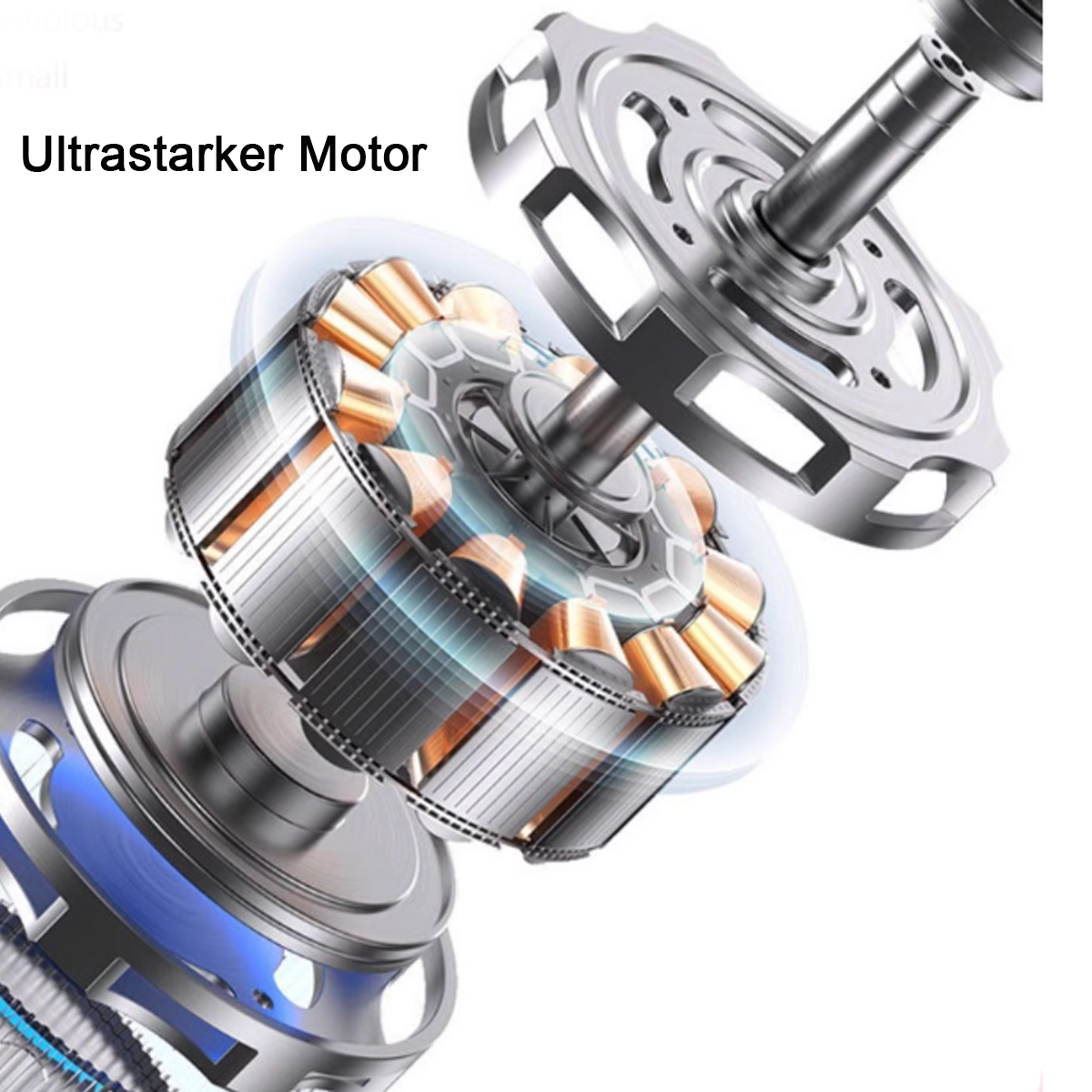 Nahaufnahme eines zerlegten Motors mit Metall- und blauen Komponenten, beschriftet mit 'Ultrastarker Motor'.