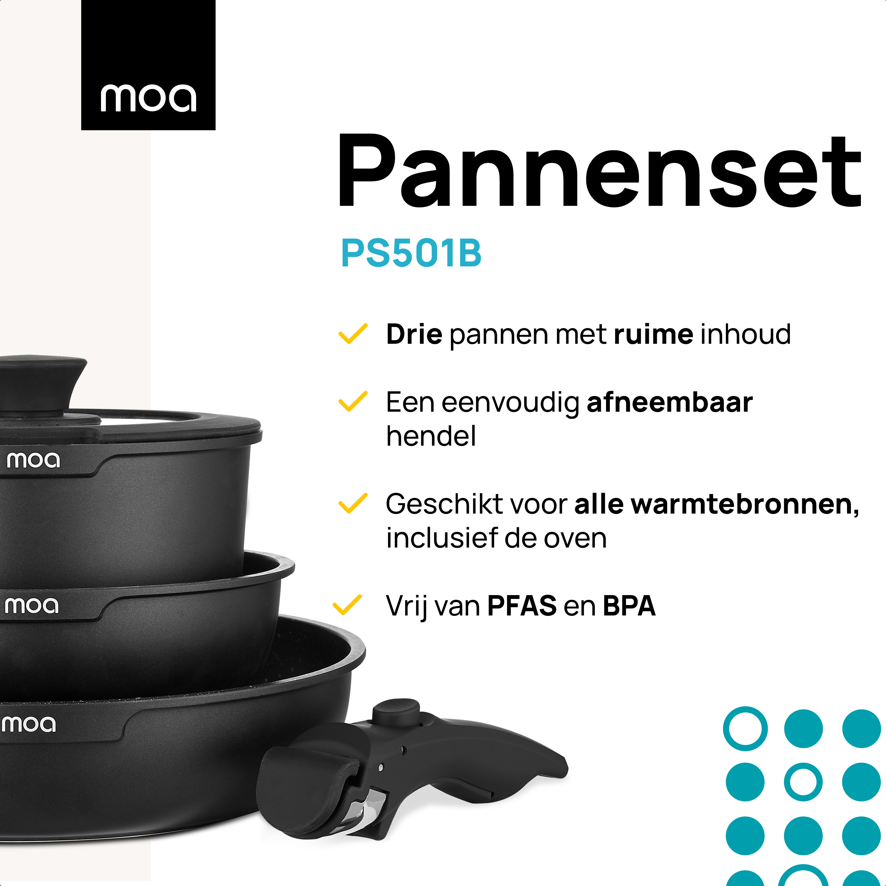 A set of black MOA pans with lids. The pans are on a white surface. The set has a removable handle.