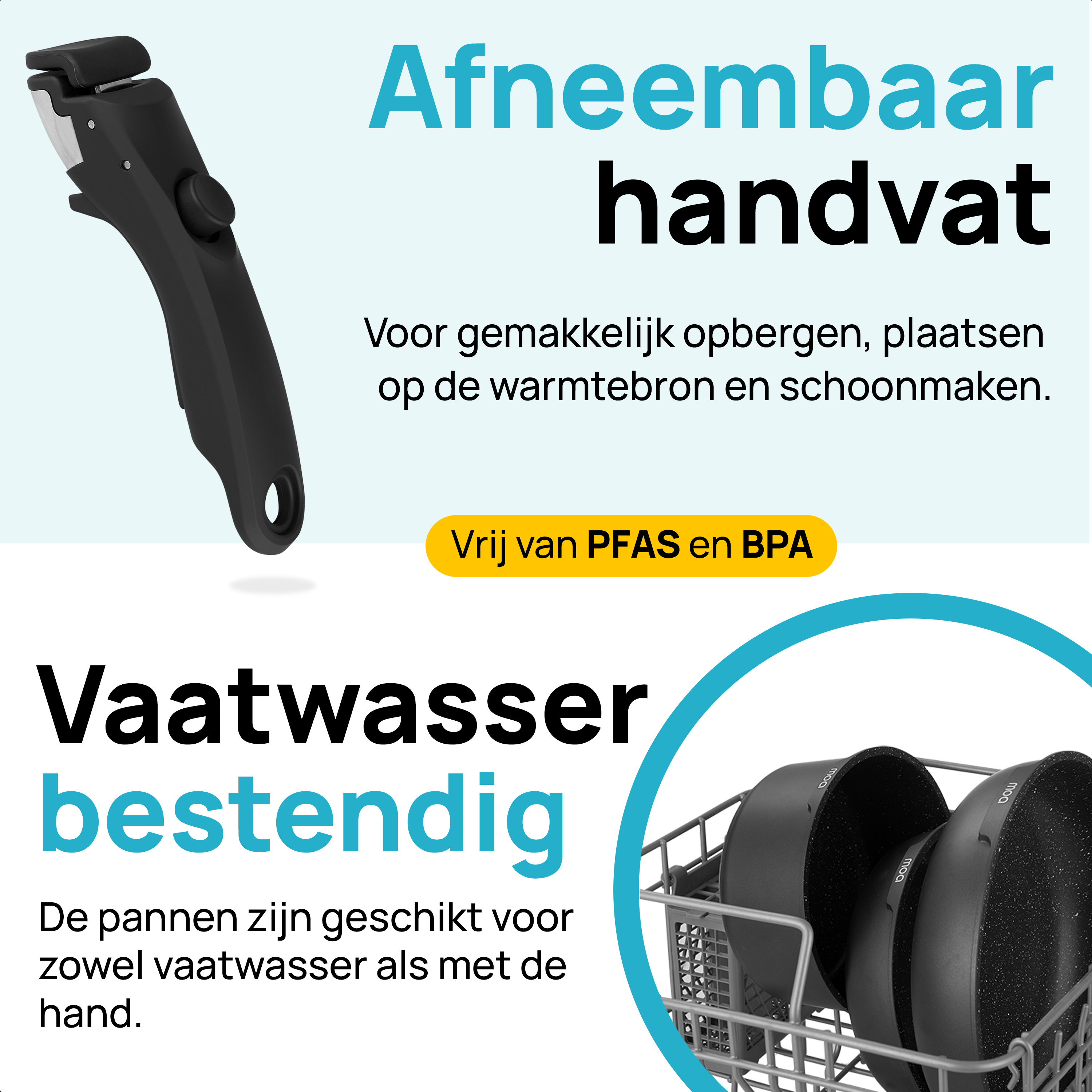 Detachable handle and pans in a dishwasher. Text: Dishwasher safe.