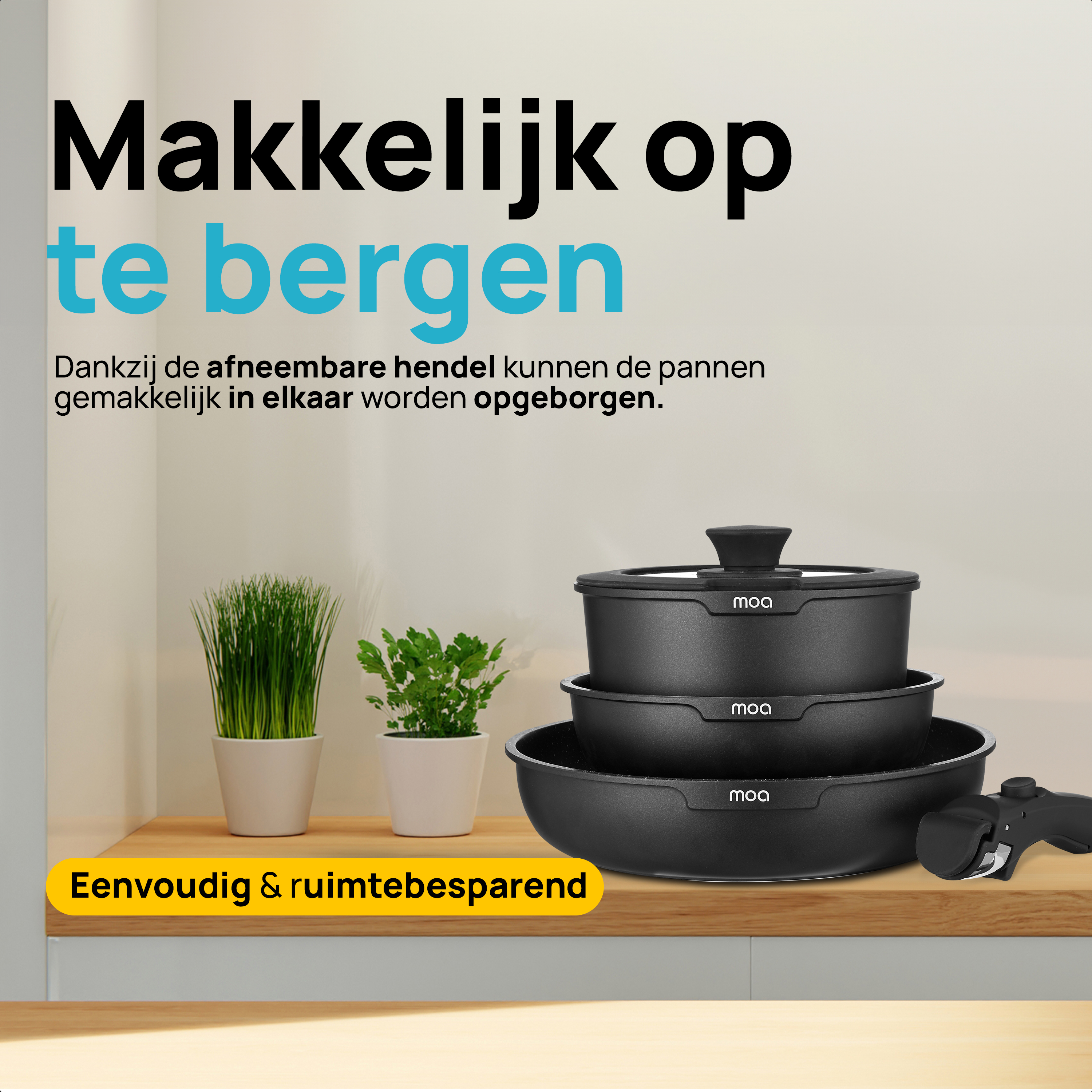 Black MOA pans on a wooden surface. Text: Easy to store. Plants and a lid are also visible.