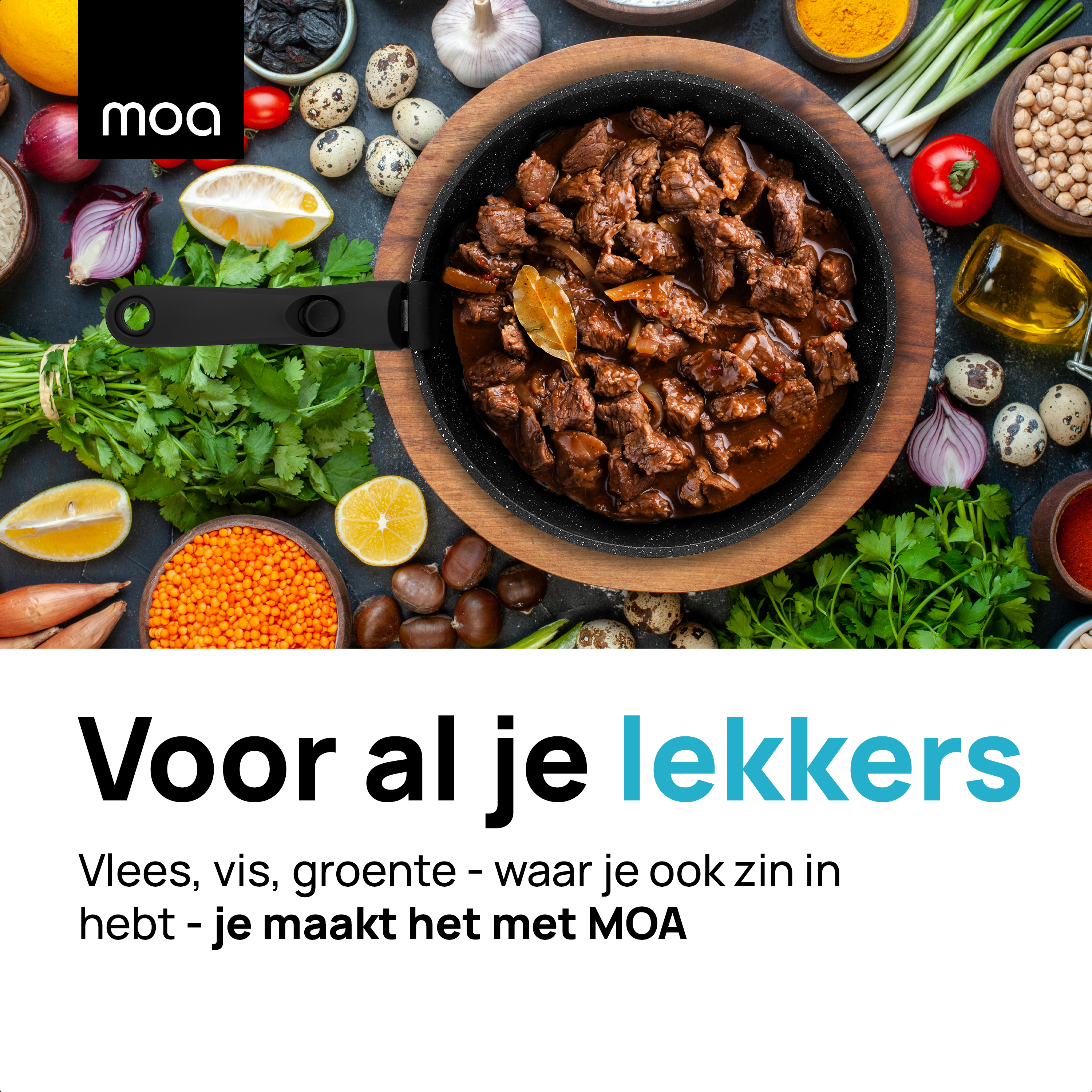 A table with ingredients and a pan of food. Text: For all your delicacies.