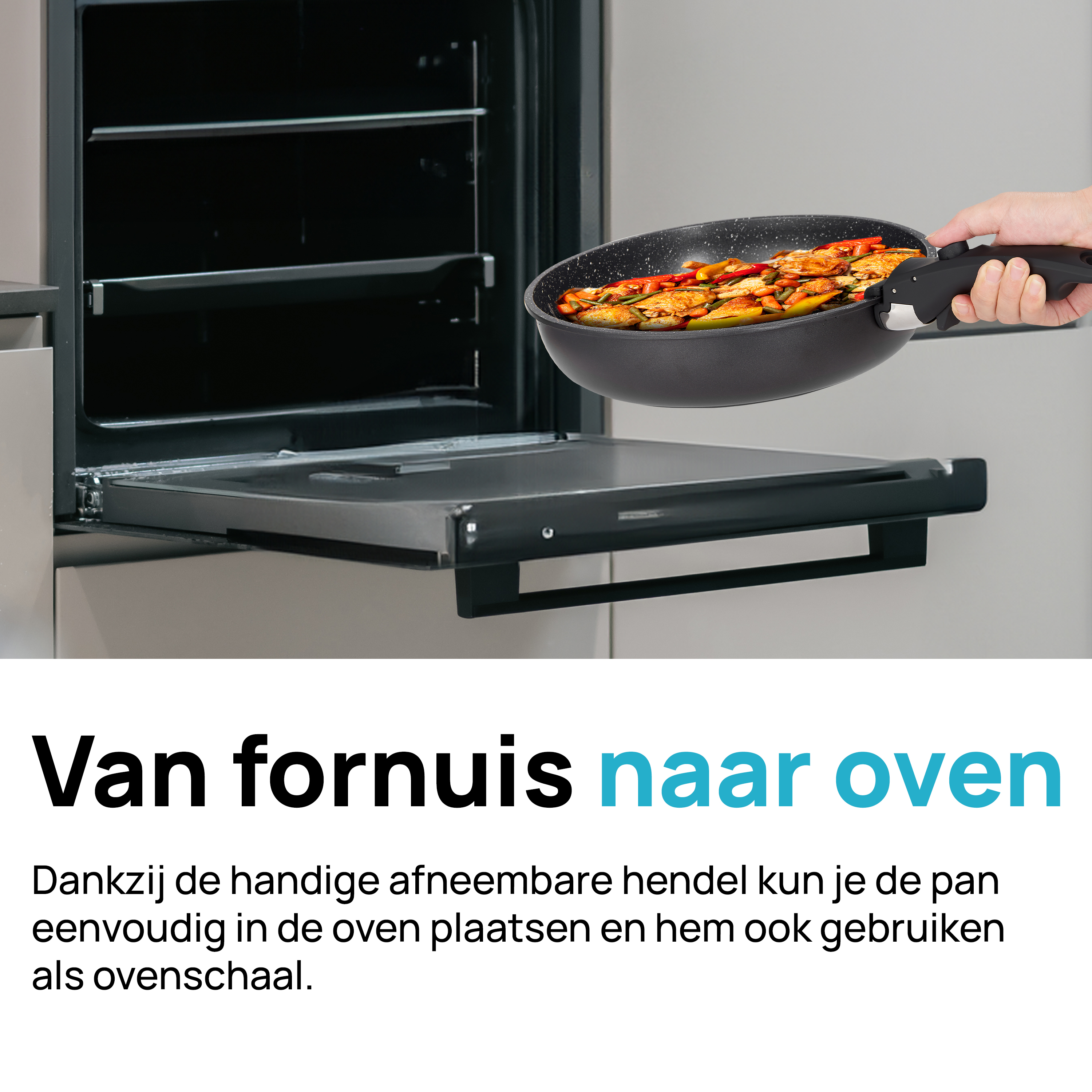 Pan with food in oven. Hand holding pan. Text: From stove to oven.