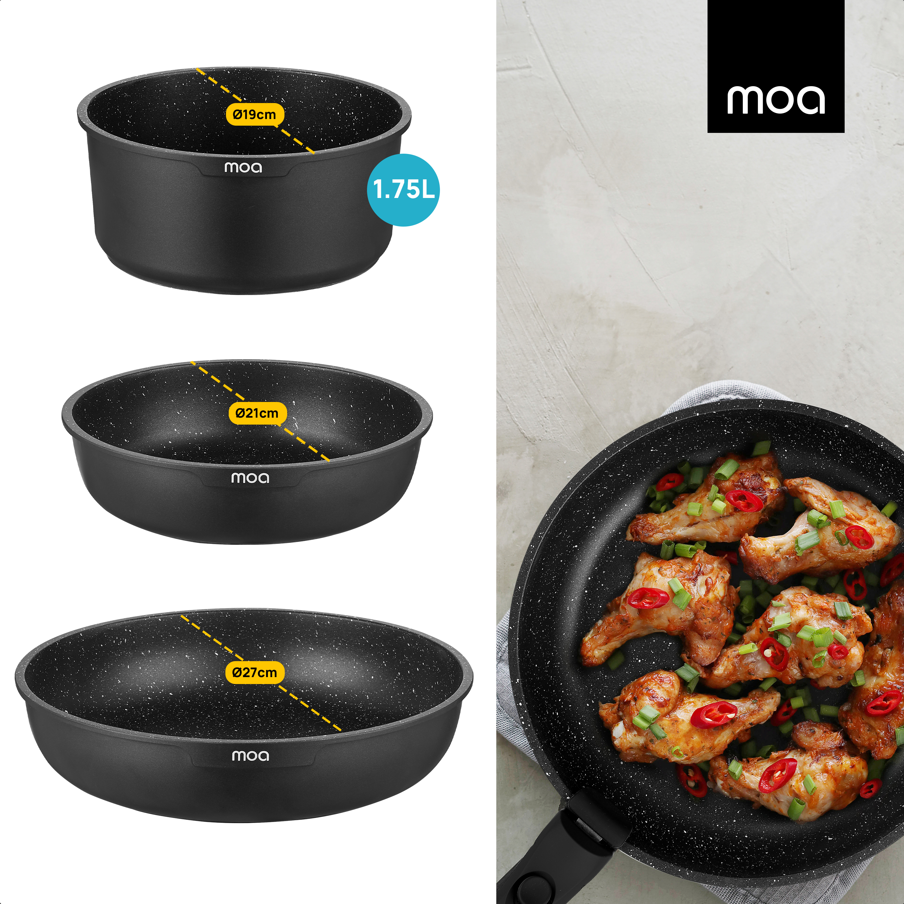 Three black cooking pots with measurements. One pot is on a frying pan with food.