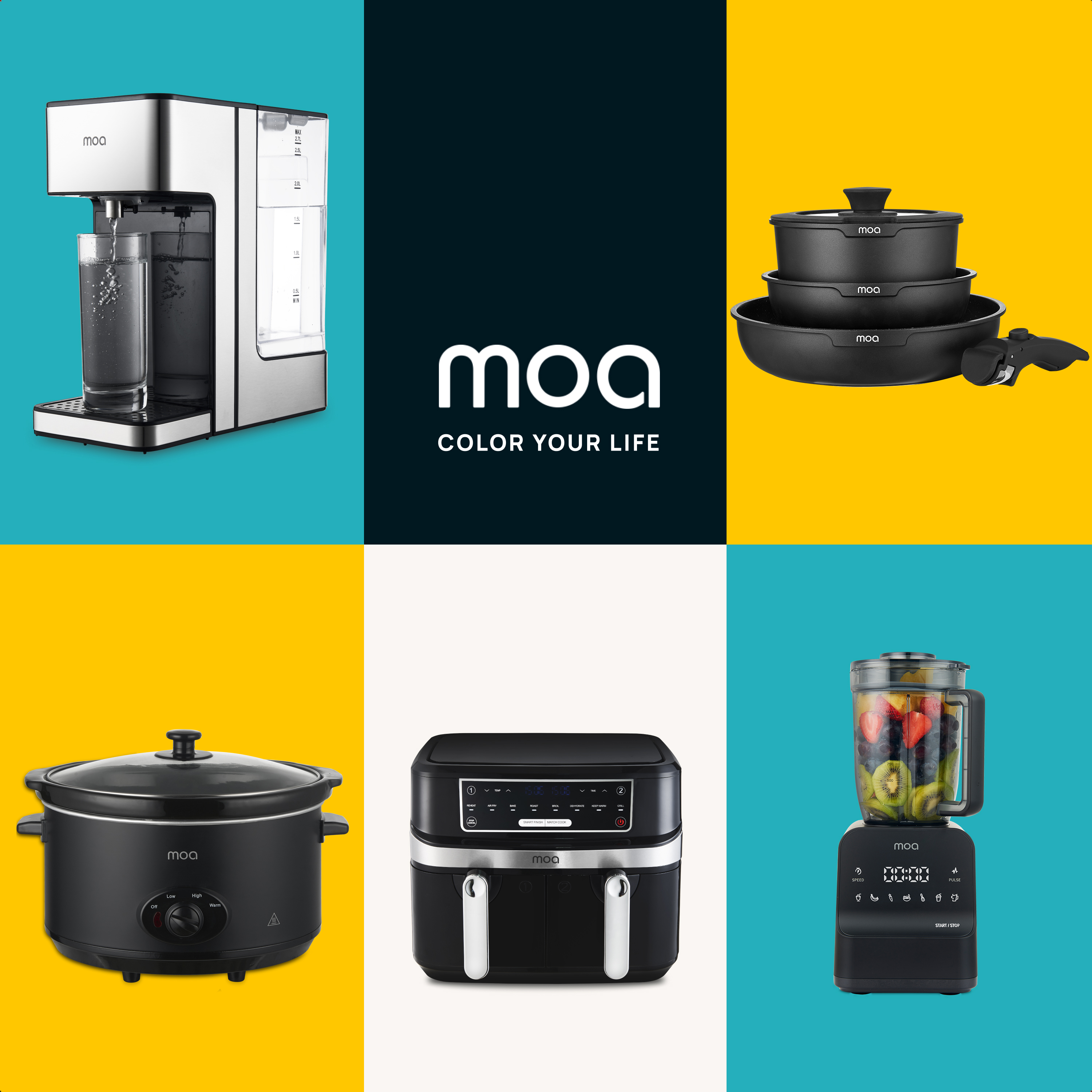 A collage of moa kitchen appliances: a water purifier, a food processor, a blender, and cookware.