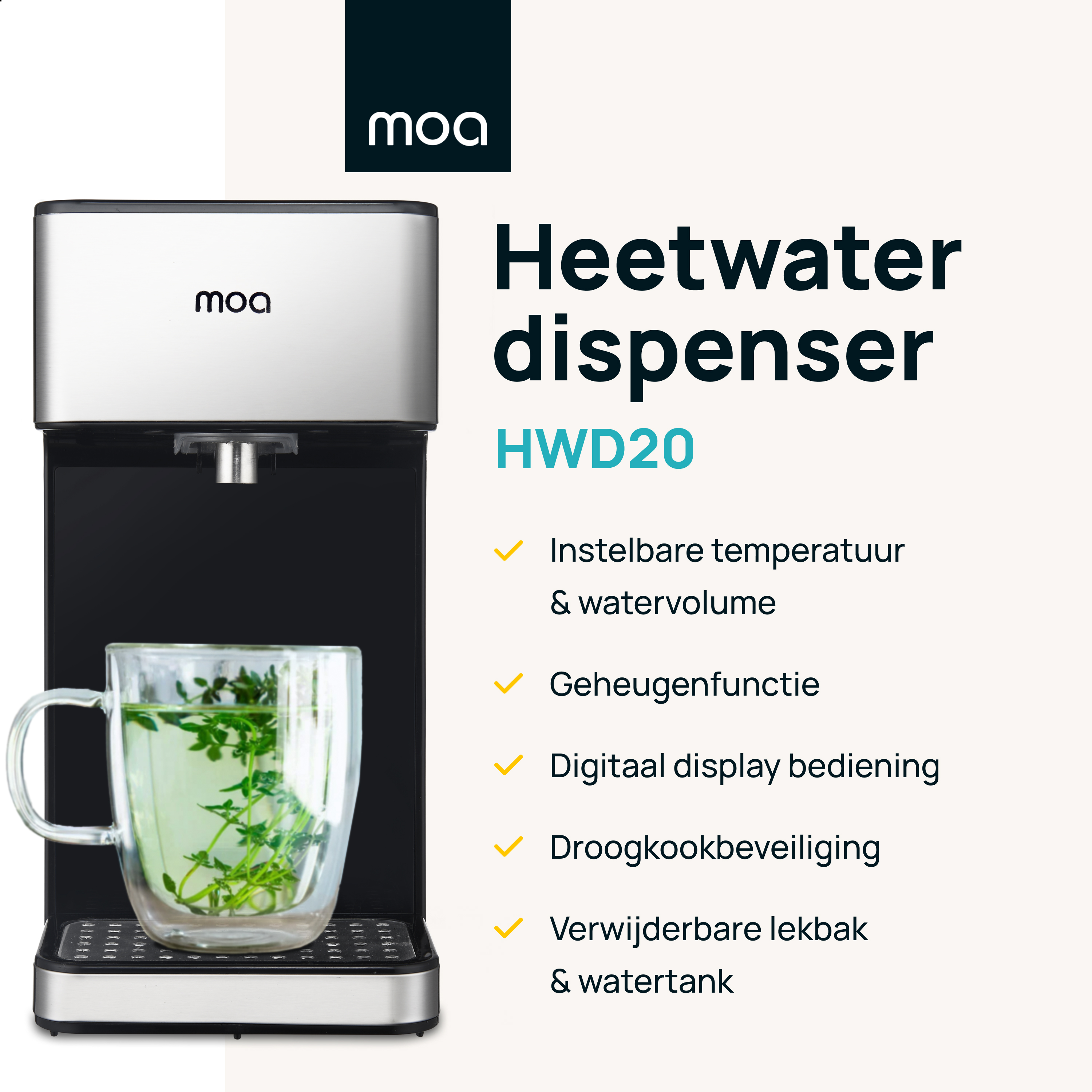 Een zilveren en zwarte MOA warmwaterdispenser met een glazen beker met kruiden. Tekst: Warmwaterdispenser.