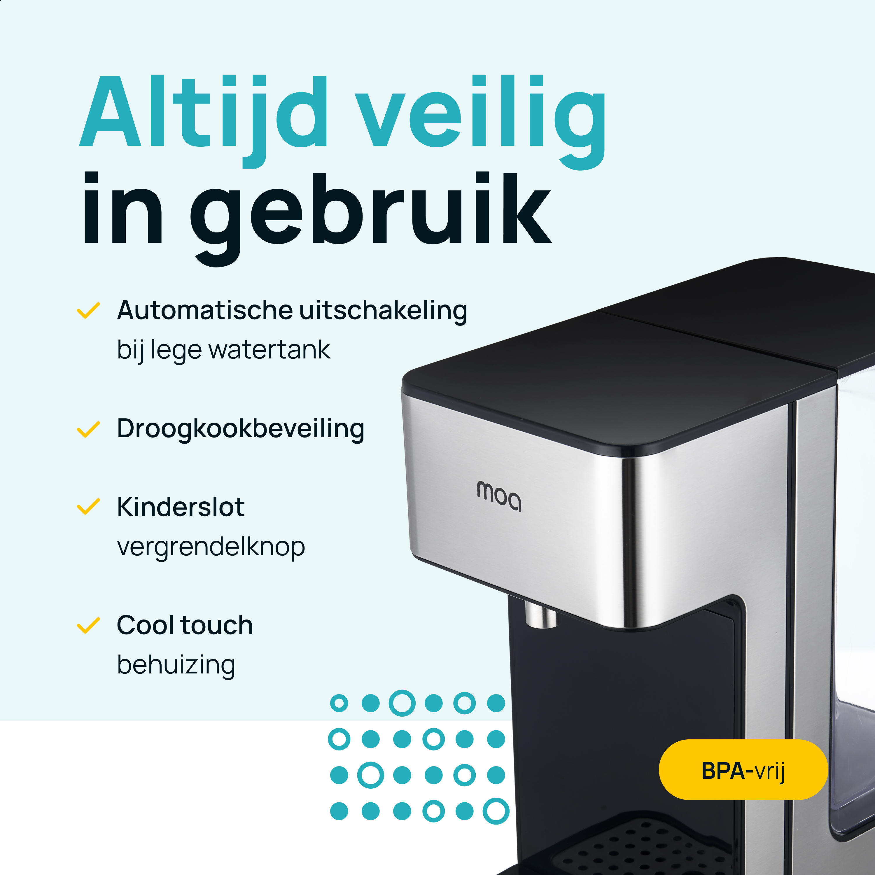 Zilverzwarte koffiemachine. Tekst: Altijd veilig in gebruik.