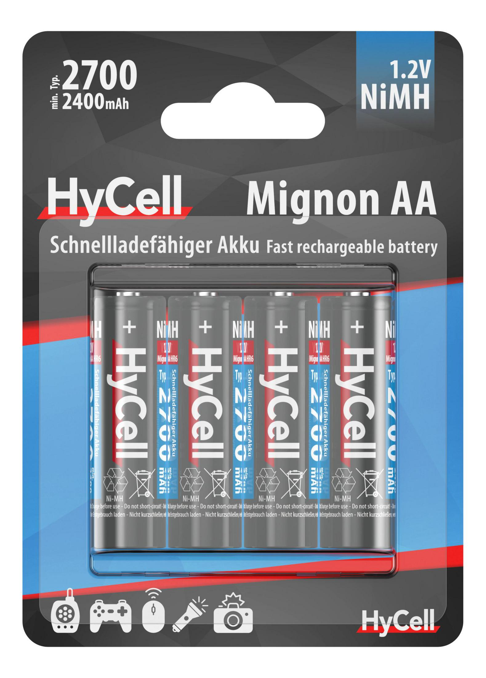 Confezione di sei batterie AA NiMH, con marchio e etichetta ricarica rapida.