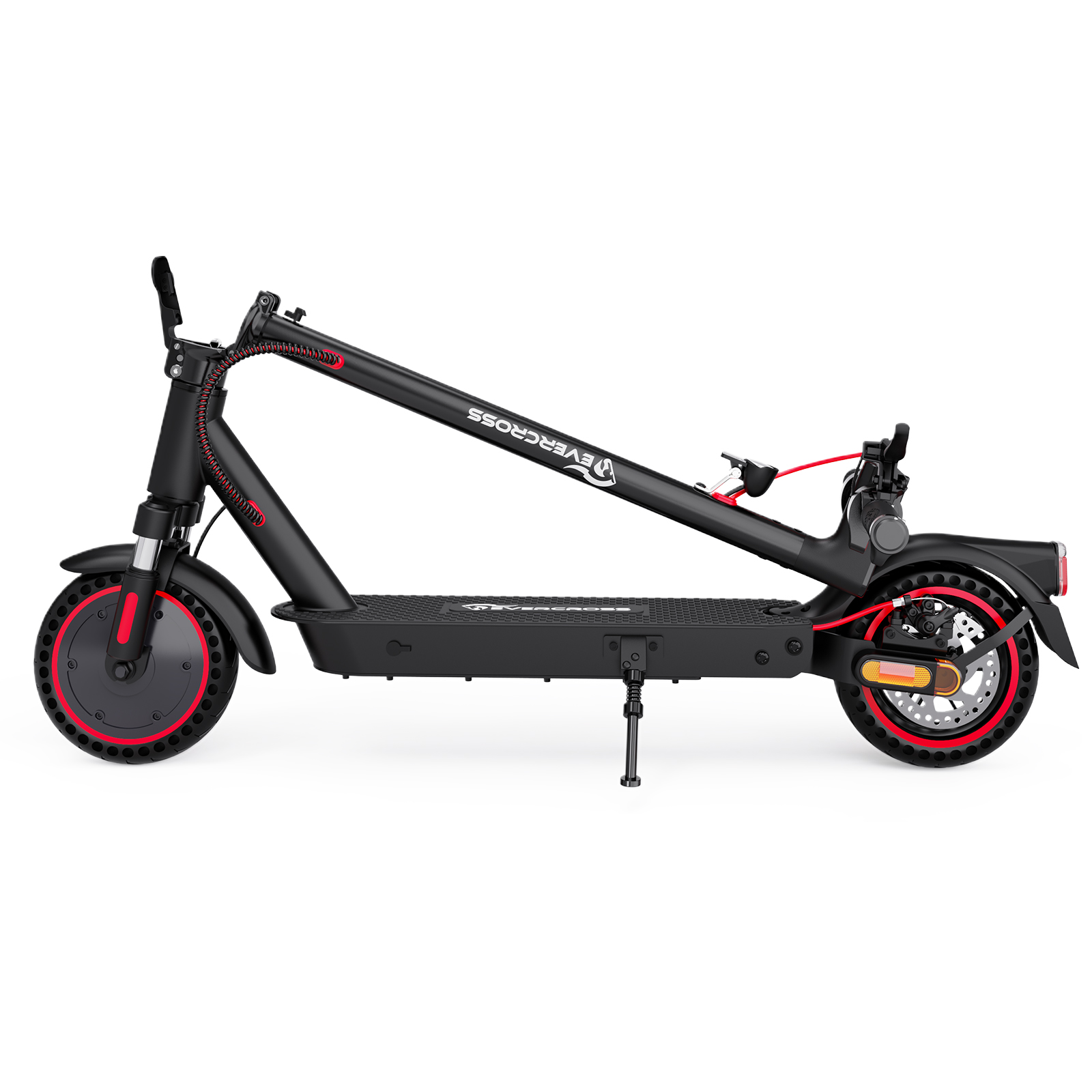 Scooter eléctrico negro con detalles rojos, plegado.