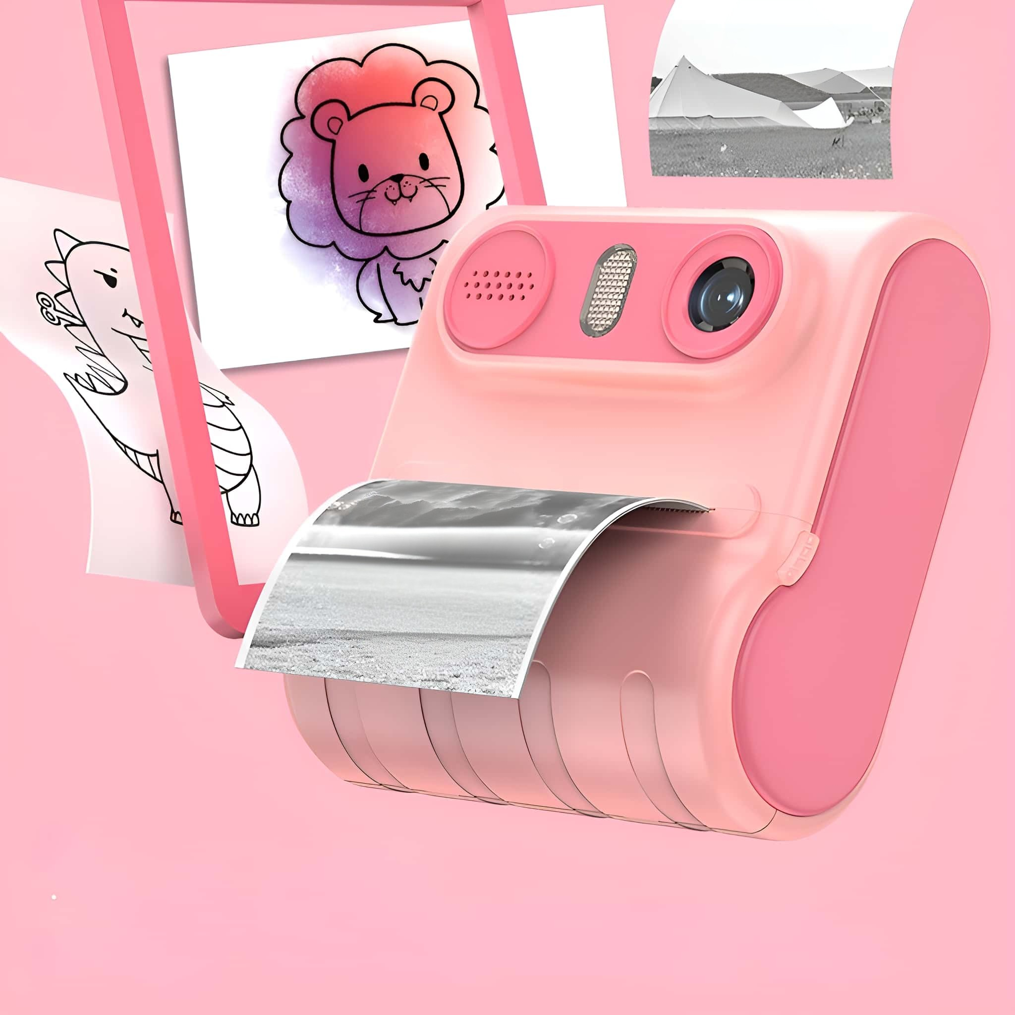 Rosa Sofortbildkamera mit gedruckten Fotos. Die Kamera zeigt ein Landschaftsbild.