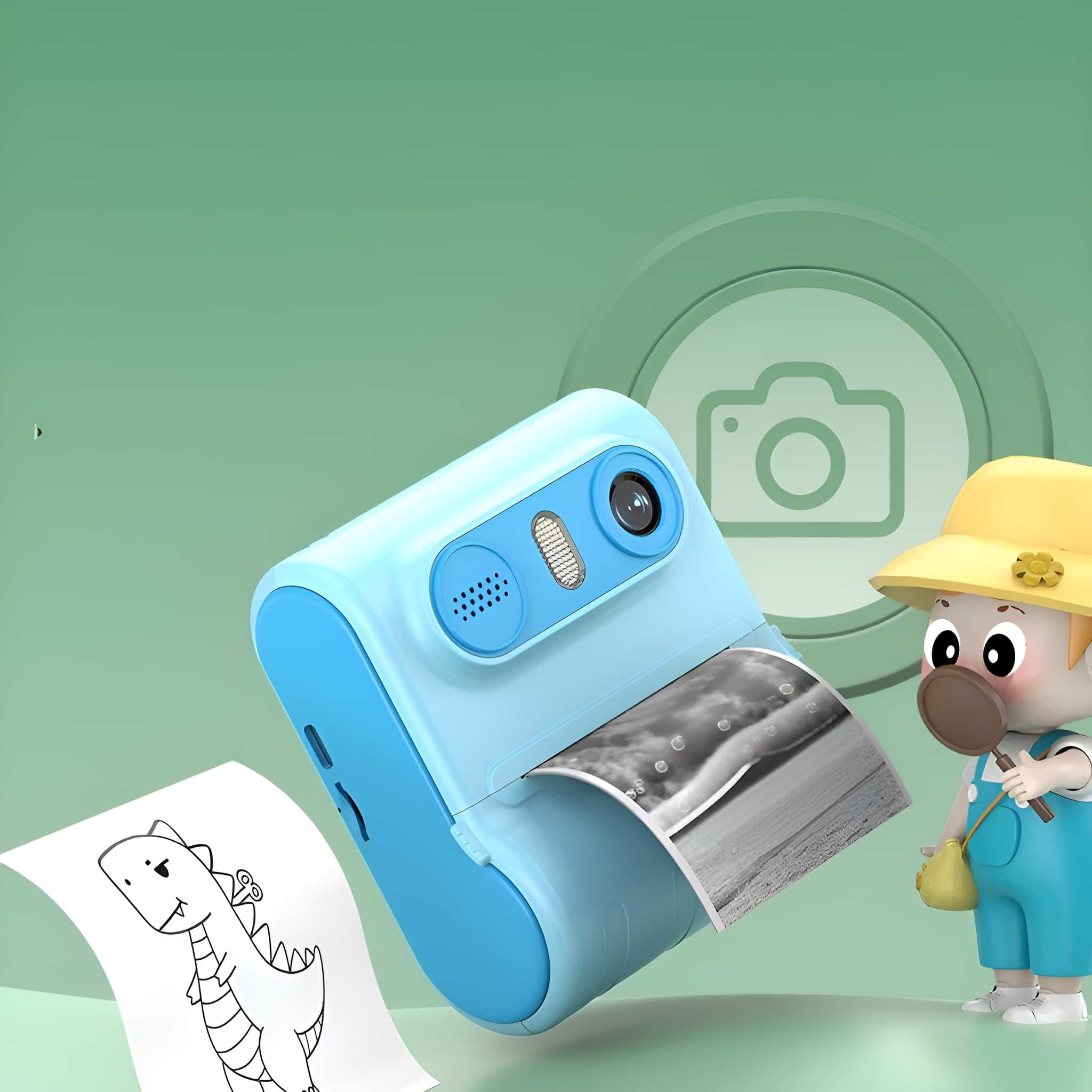 Blau-weiße Sofortbildkamera druckt Foto, Cartoon-Junge schaut zu.