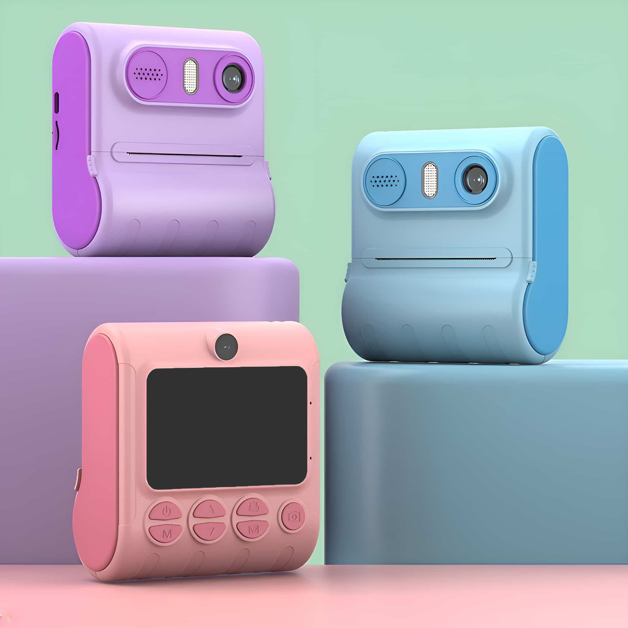 Vier bunte Sofortbildkameras. Rosa, lila und blau. Sie haben einen Bildschirm und Tasten.