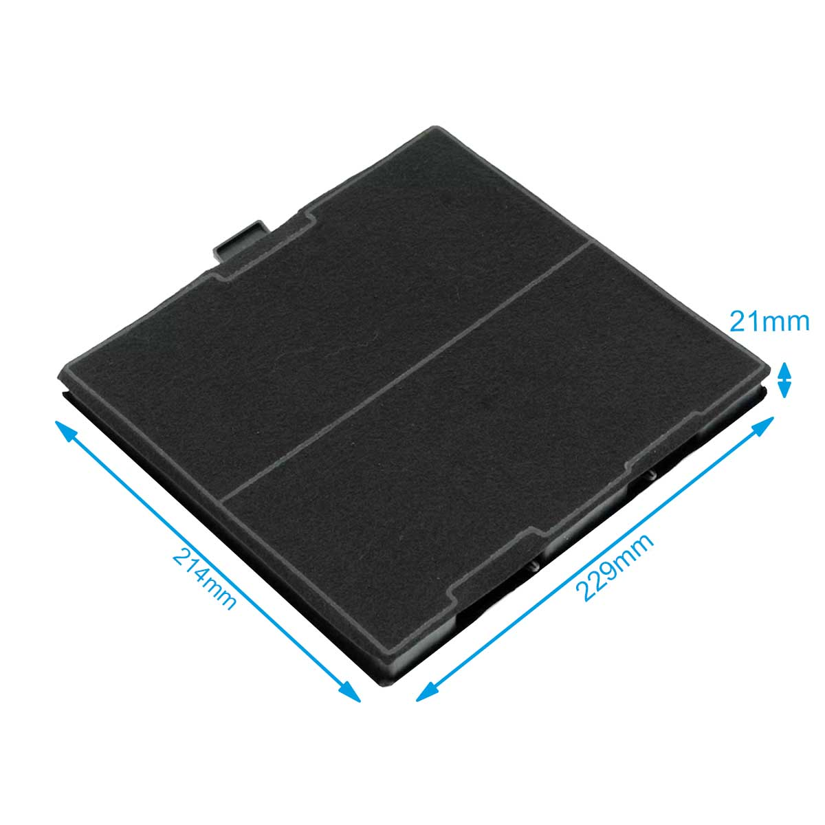 Ein schwarzer quadratischer Filter mit den angegebenen Abmessungen von 21 mm, 214 mm und 229 mm, vor weißem Hintergrund.