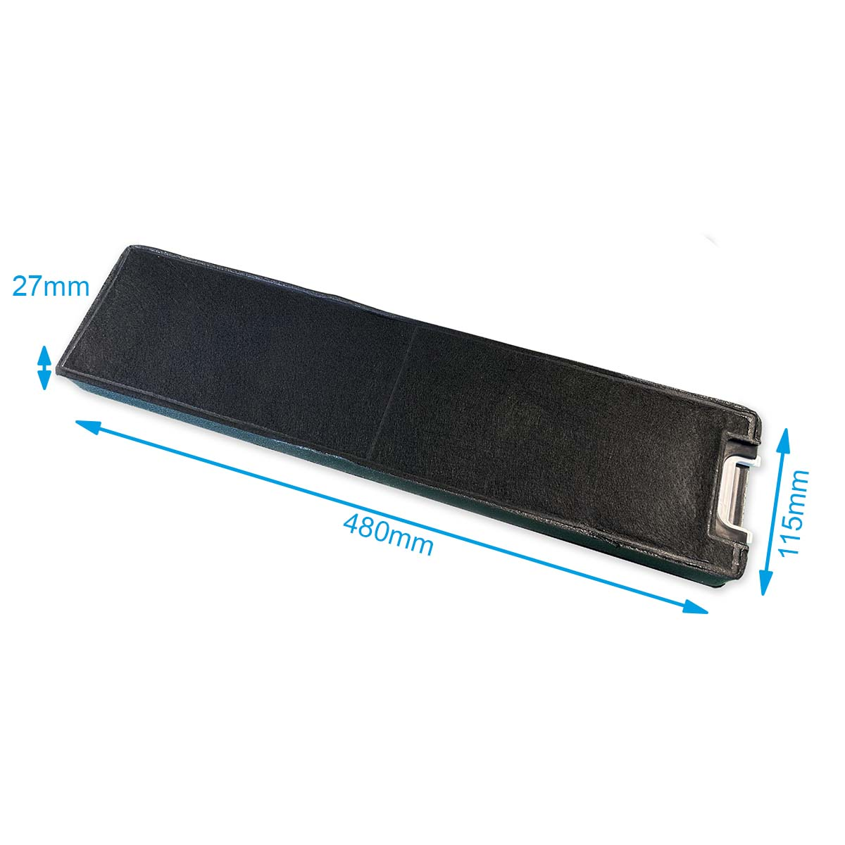 Ein schwarzes rechteckiges Objekt mit blauen Maßen. Das Objekt ist mit 27 mm, 480 mm und 115 mm beschriftet.