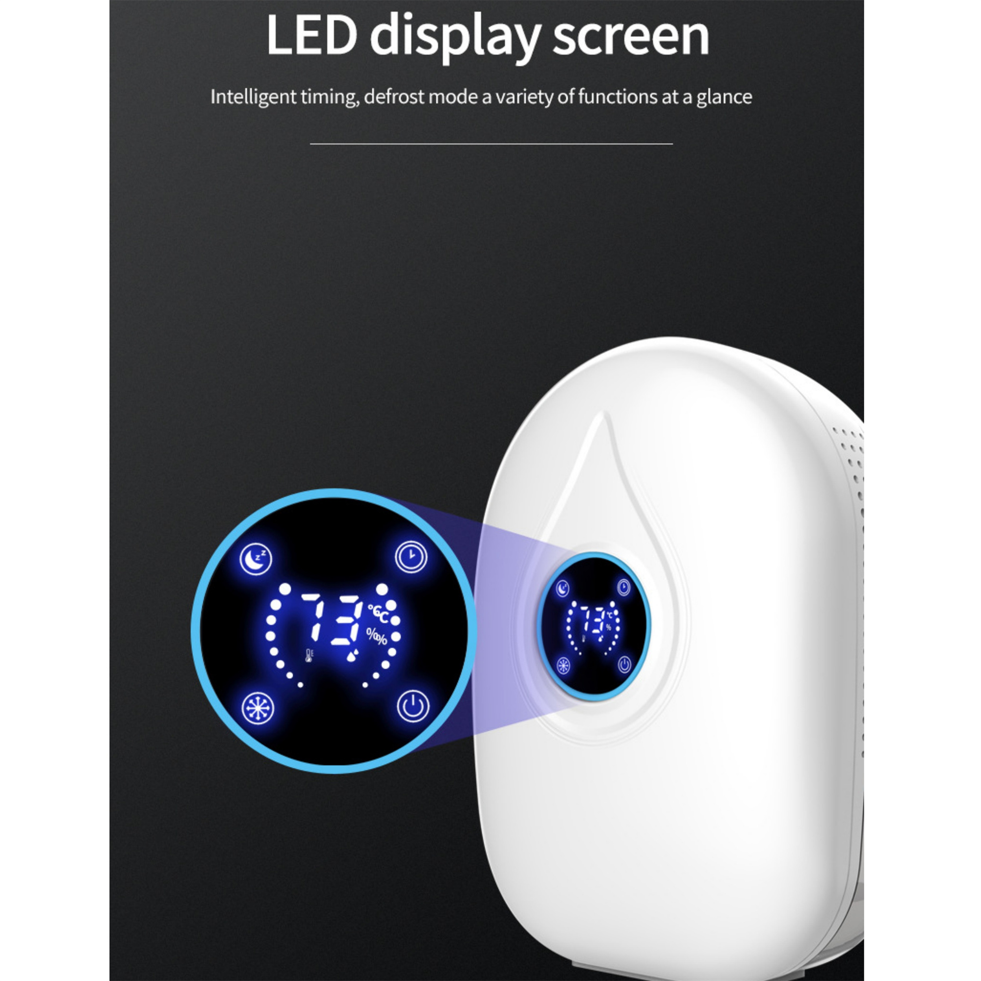 Ein weißer Luftentfeuchter mit blauem LED-Bildschirm, der Temperatur und andere Einstellungen anzeigt. Dunkler Hintergrund.